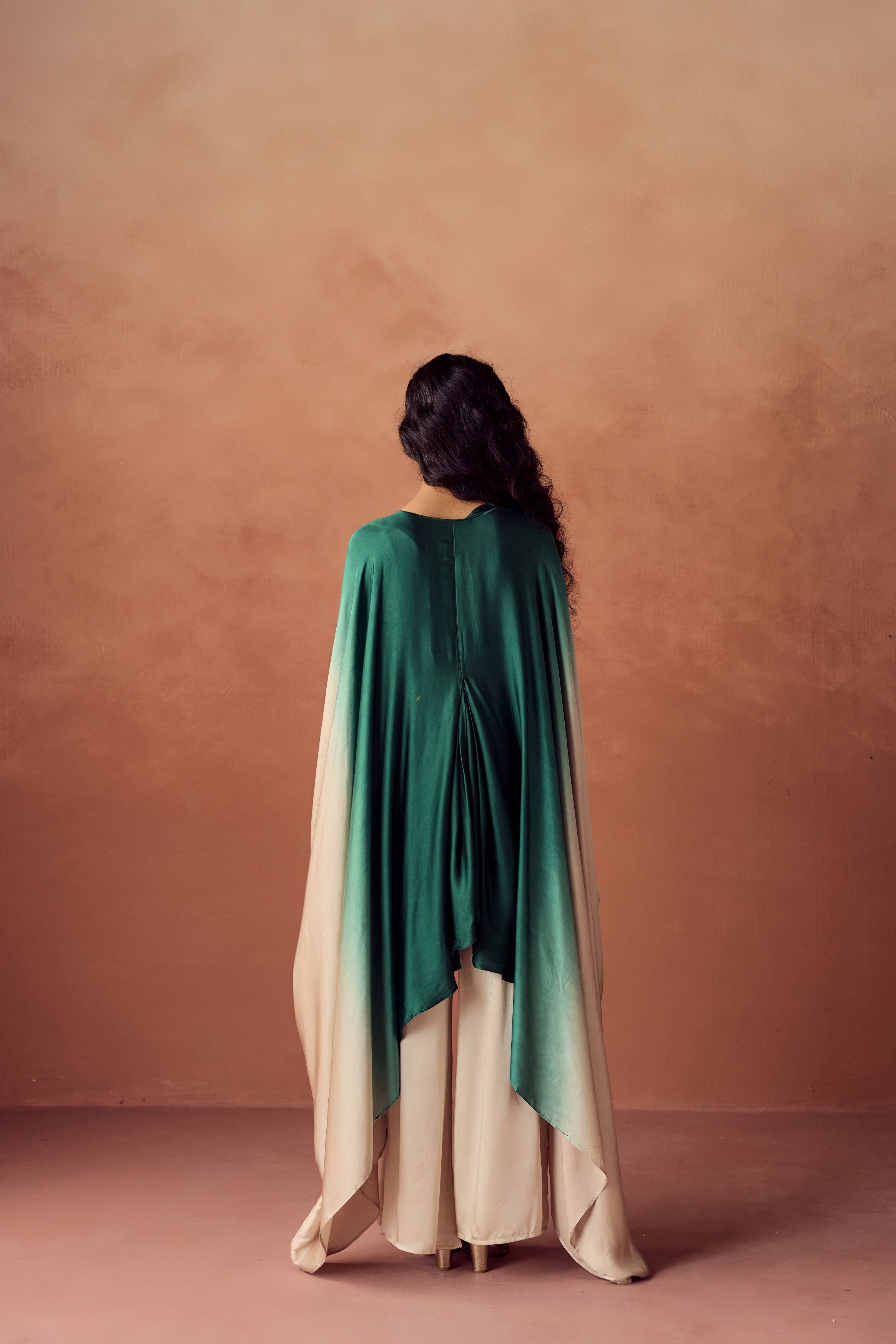 Dark Green Embellished Satin Silk Kaftan Set