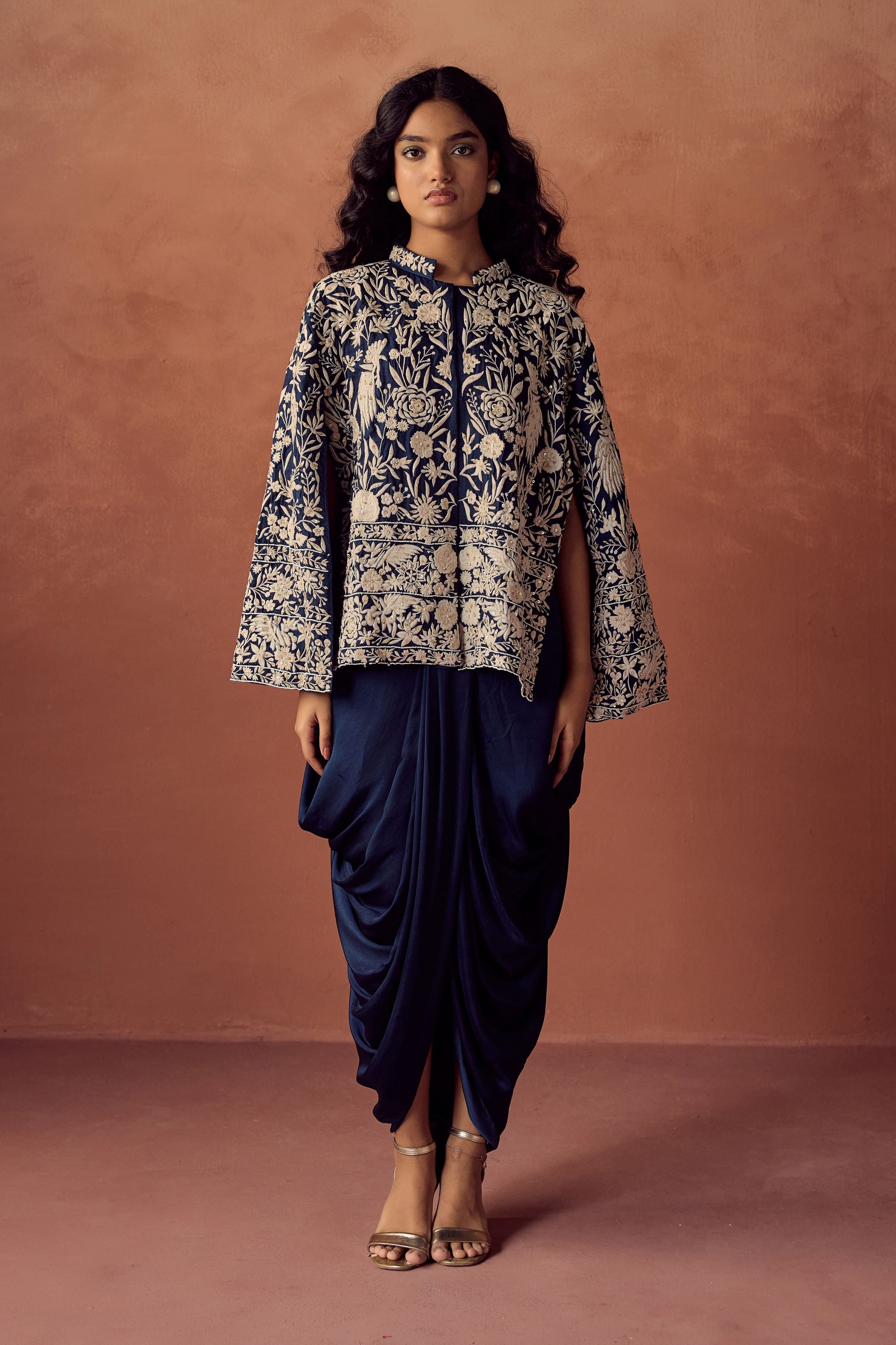 Navy Blue Embroidered Satin Silk Skirt Set