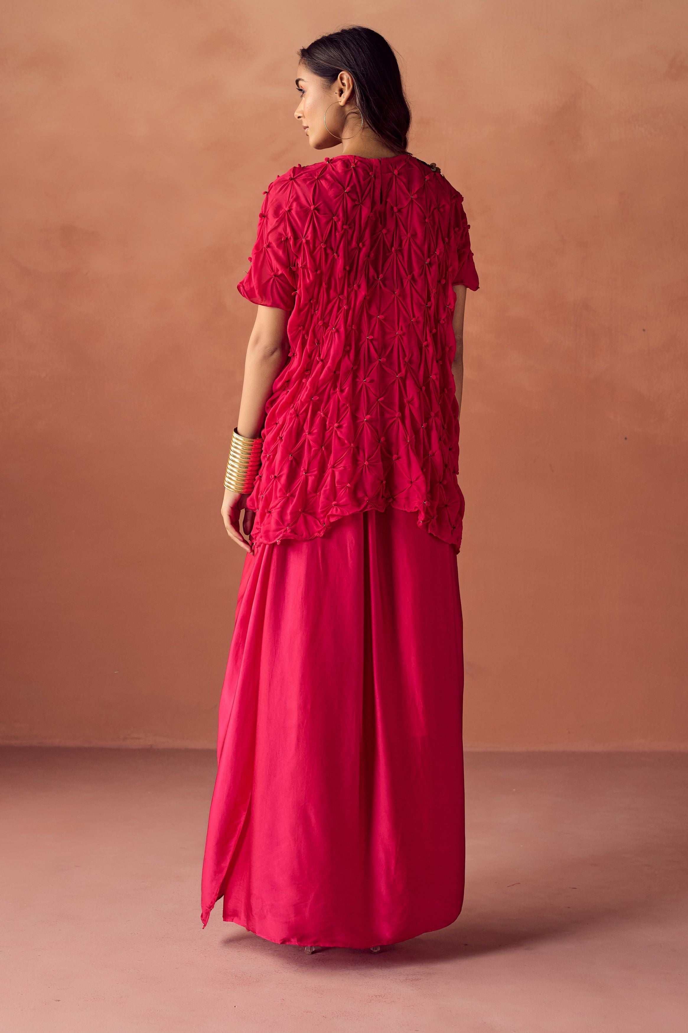 Deep Fuchsia Pink Embellished Georgette Silk Skirt Set