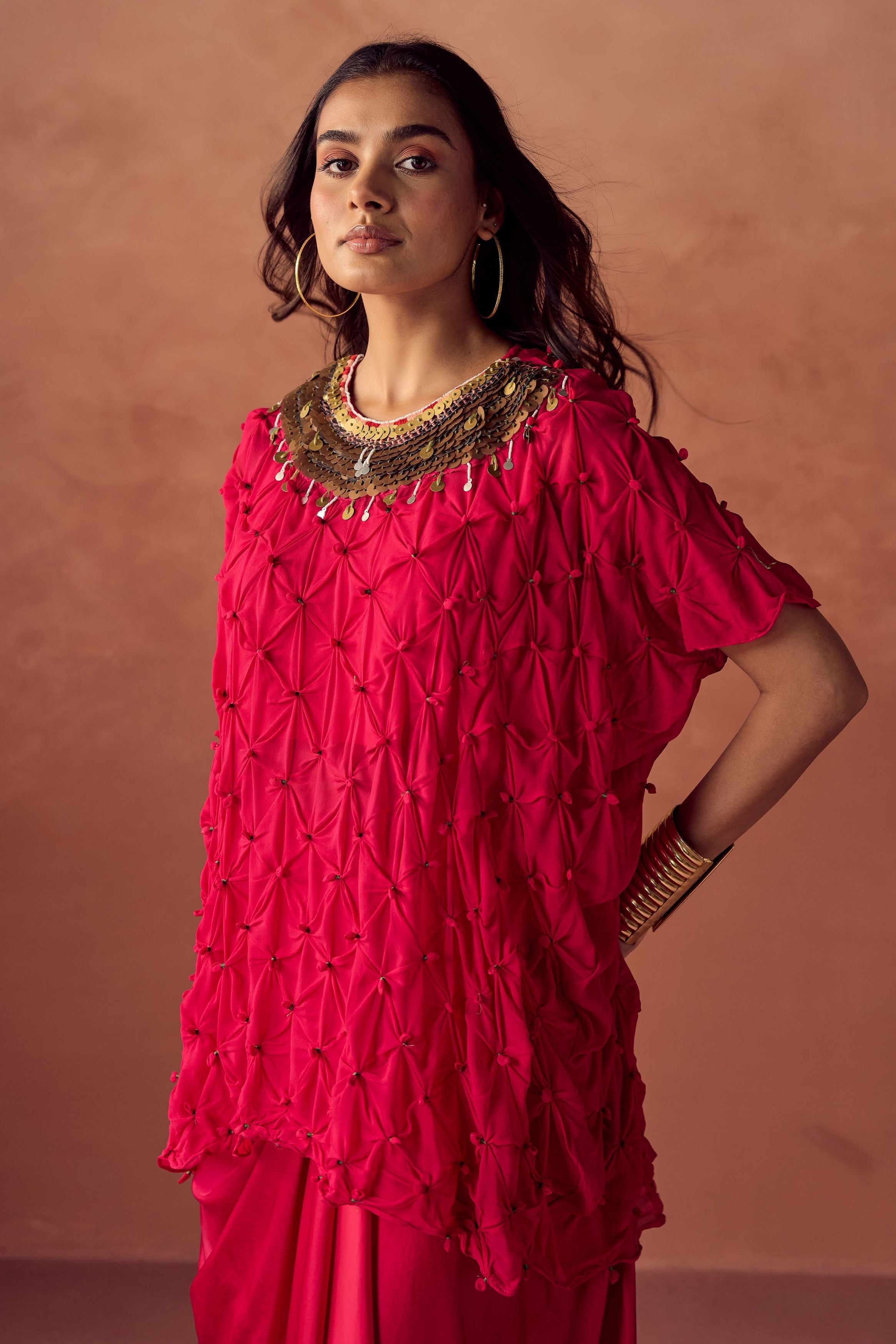 Deep Fuchsia Pink Embellished Georgette Silk Skirt Set