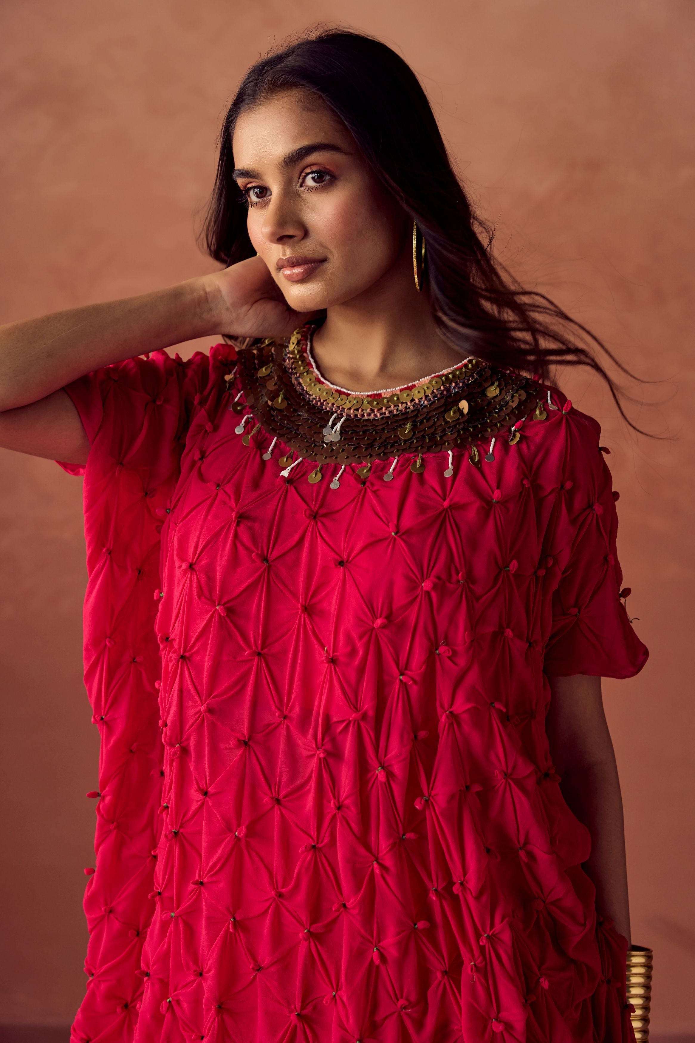Deep Fuchsia Pink Embellished Georgette Silk Skirt Set