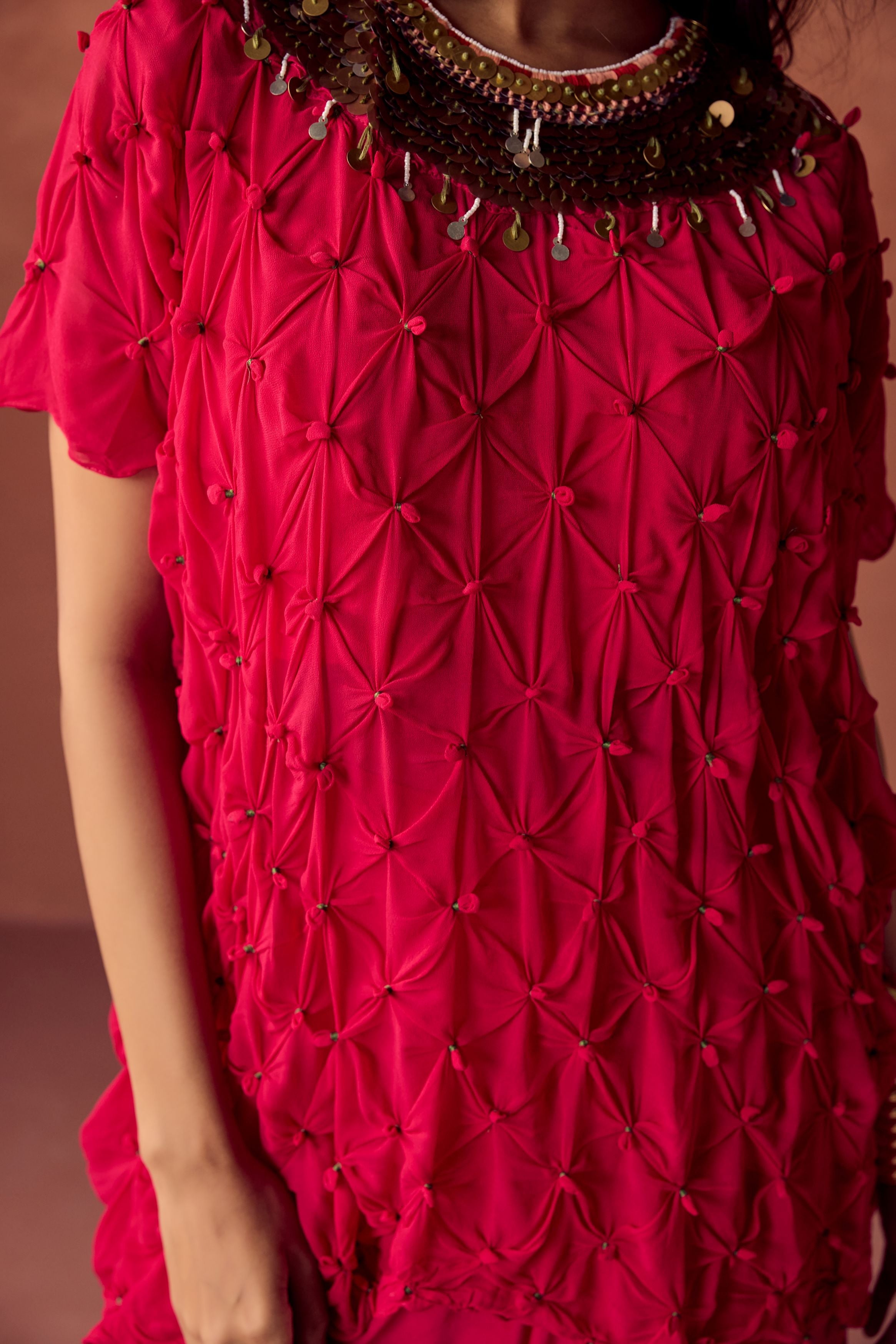 Deep Fuchsia Pink Embellished Georgette Silk Skirt Set