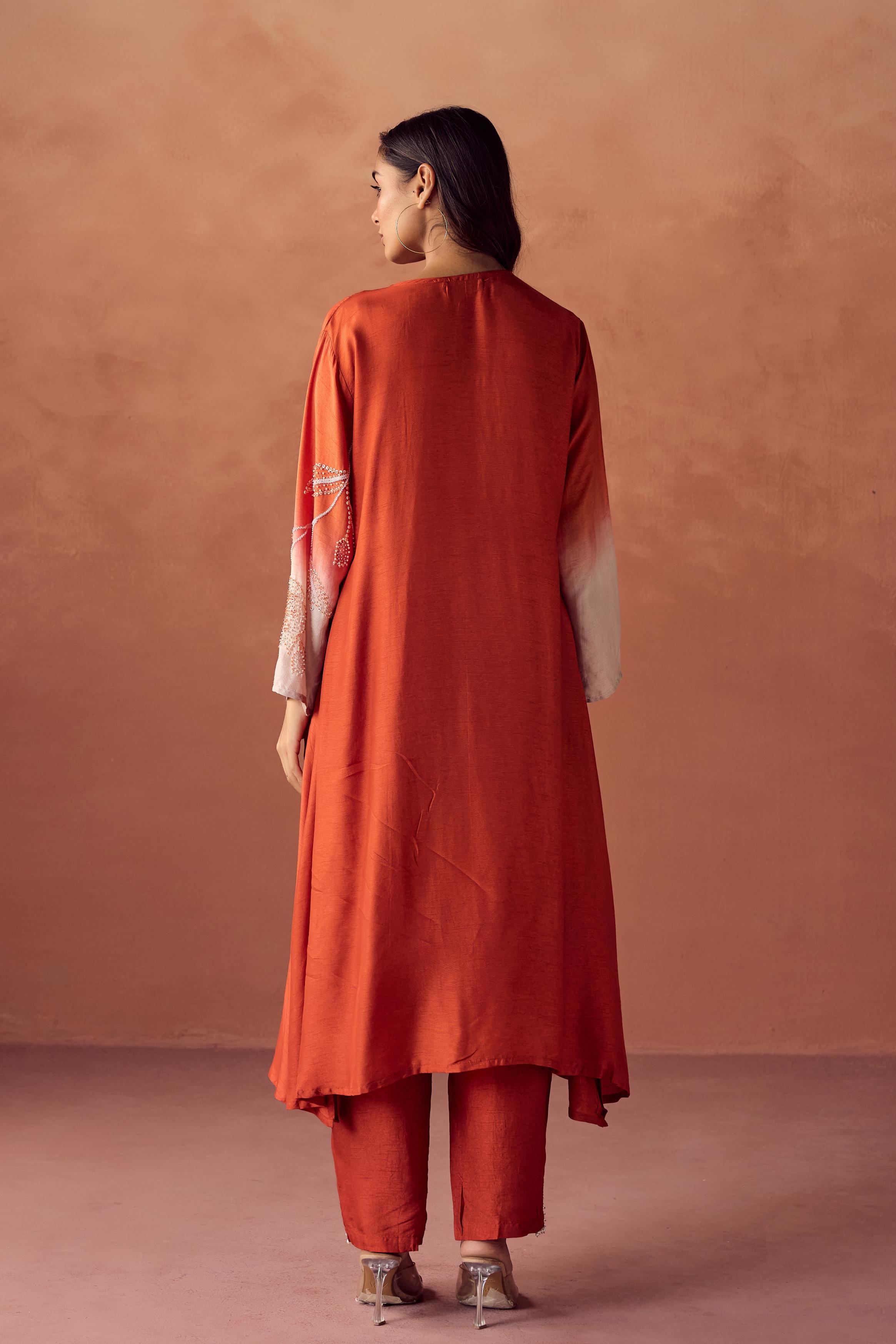 Sunset Orange Embellished Raw Silk Pant Set