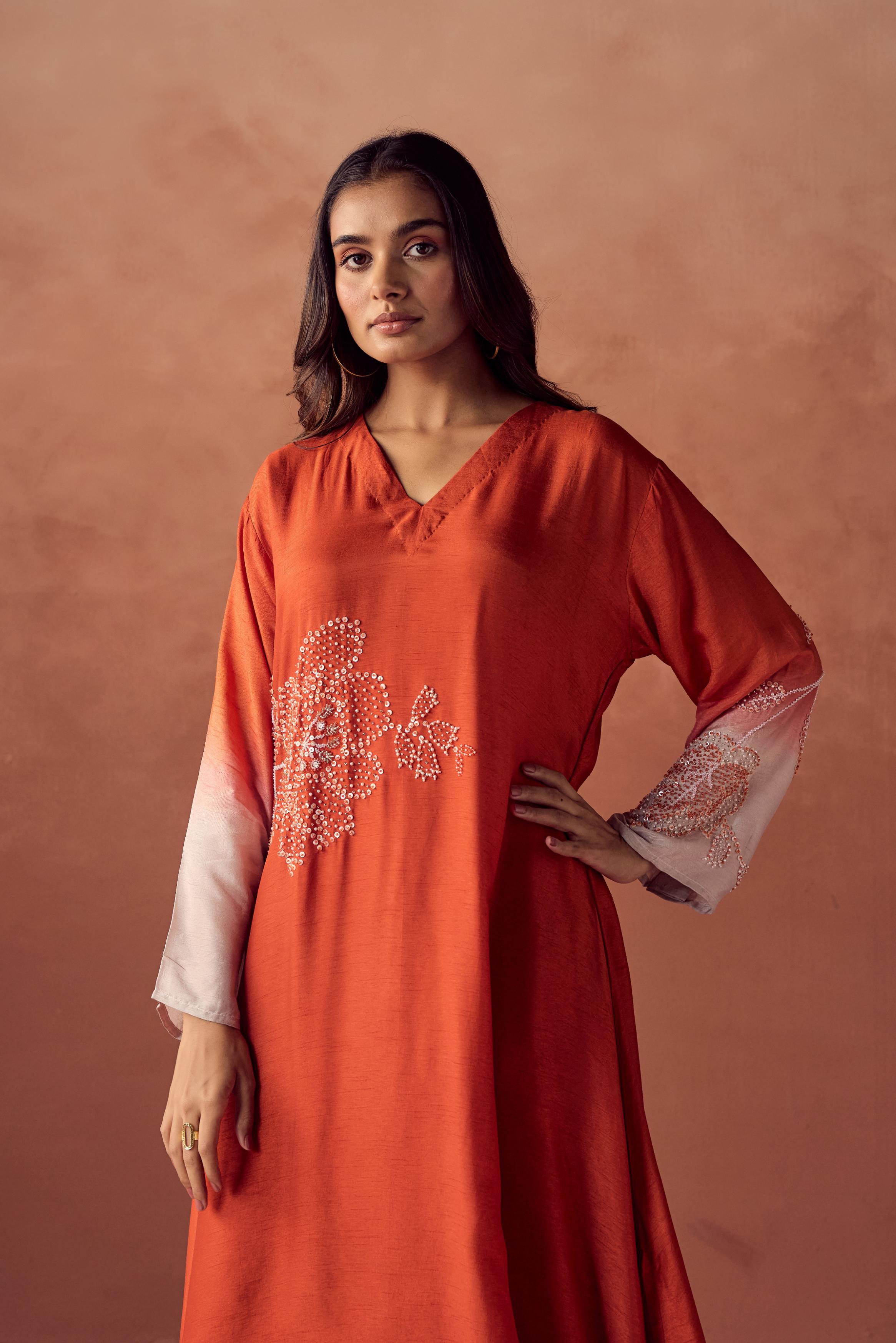 Sunset Orange Embellished Raw Silk Pant Set