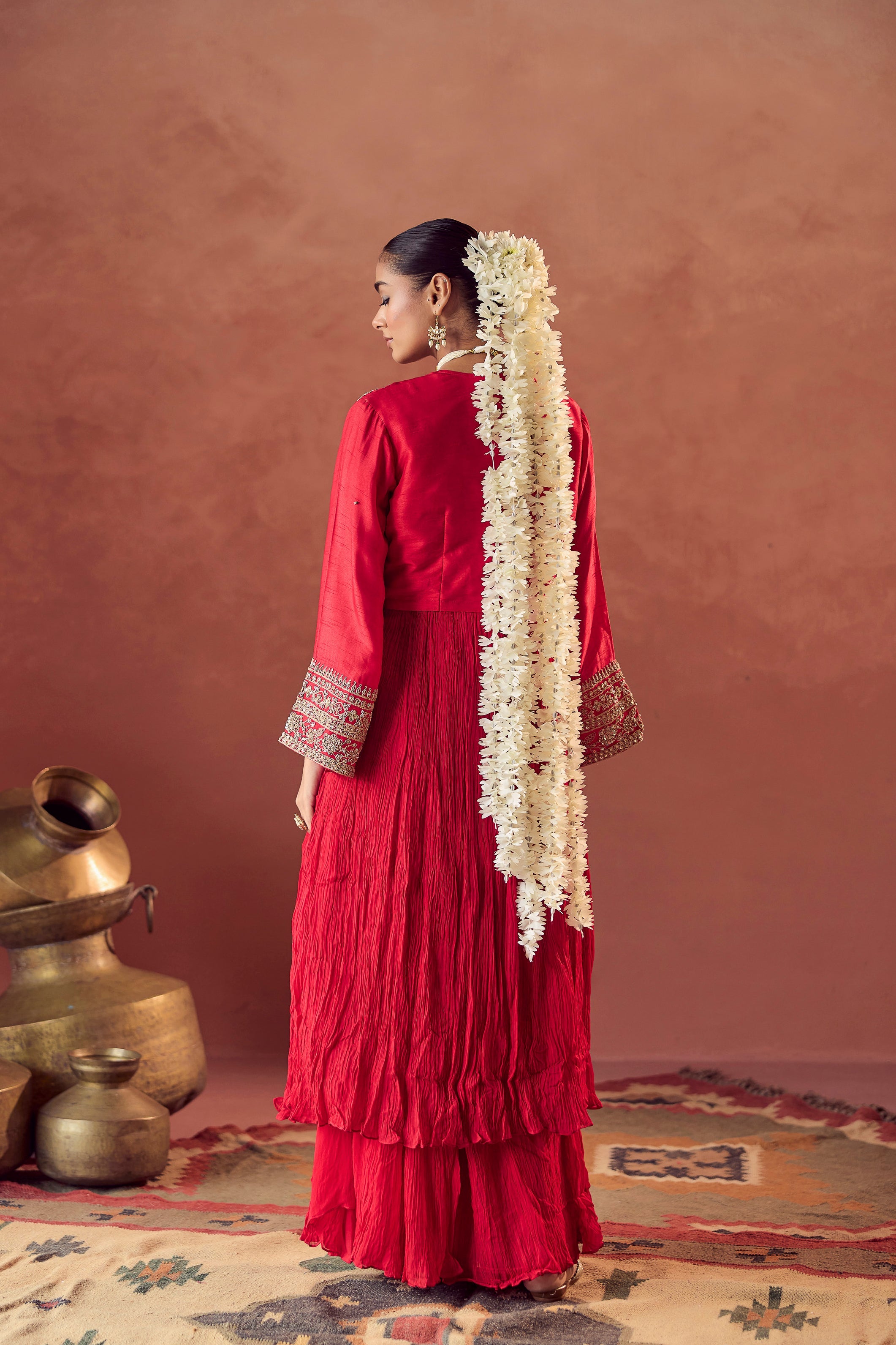 Scarlet Red Embellished Georgette Silk Palazzo Set