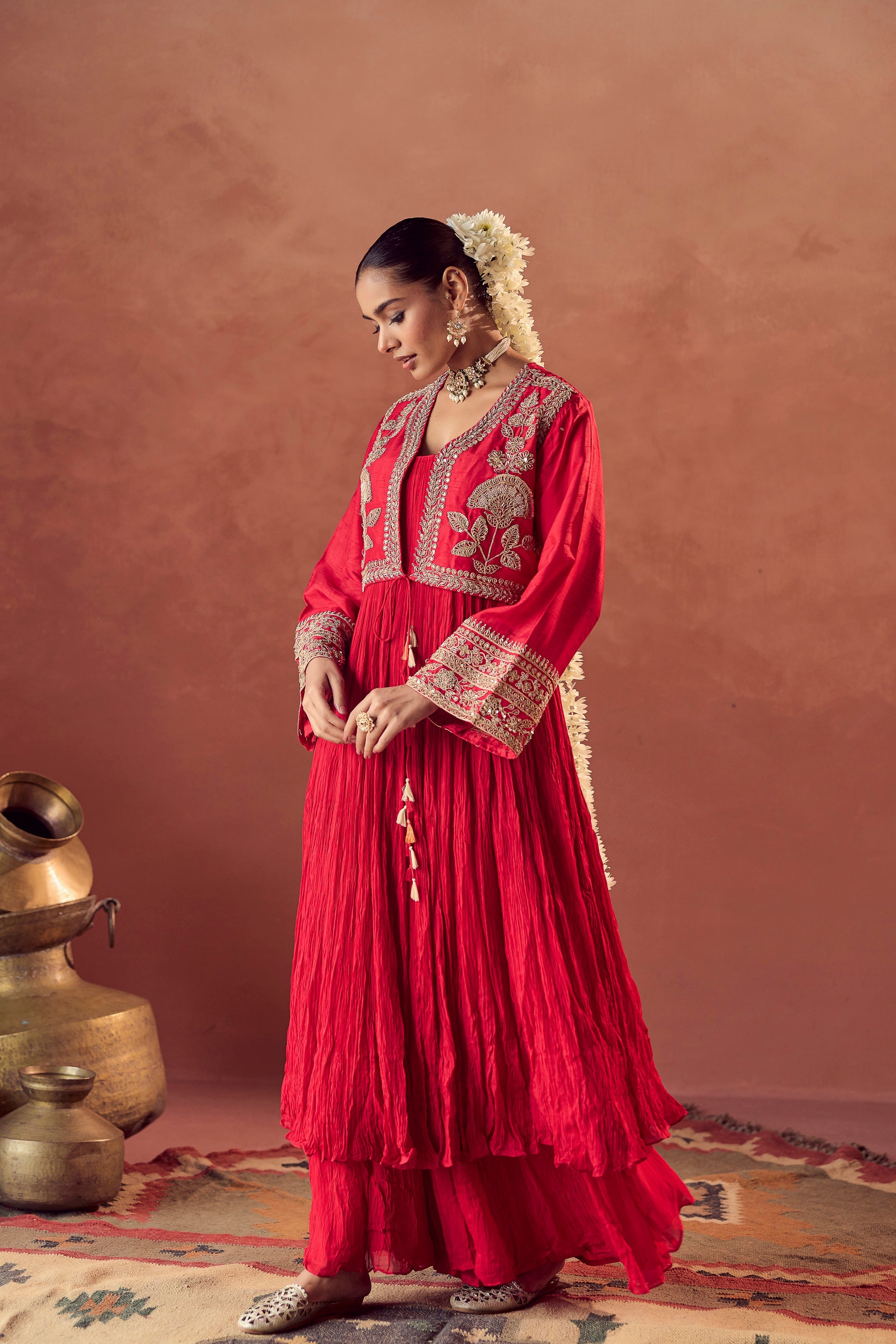 Scarlet Red Embellished Georgette Silk Palazzo Set