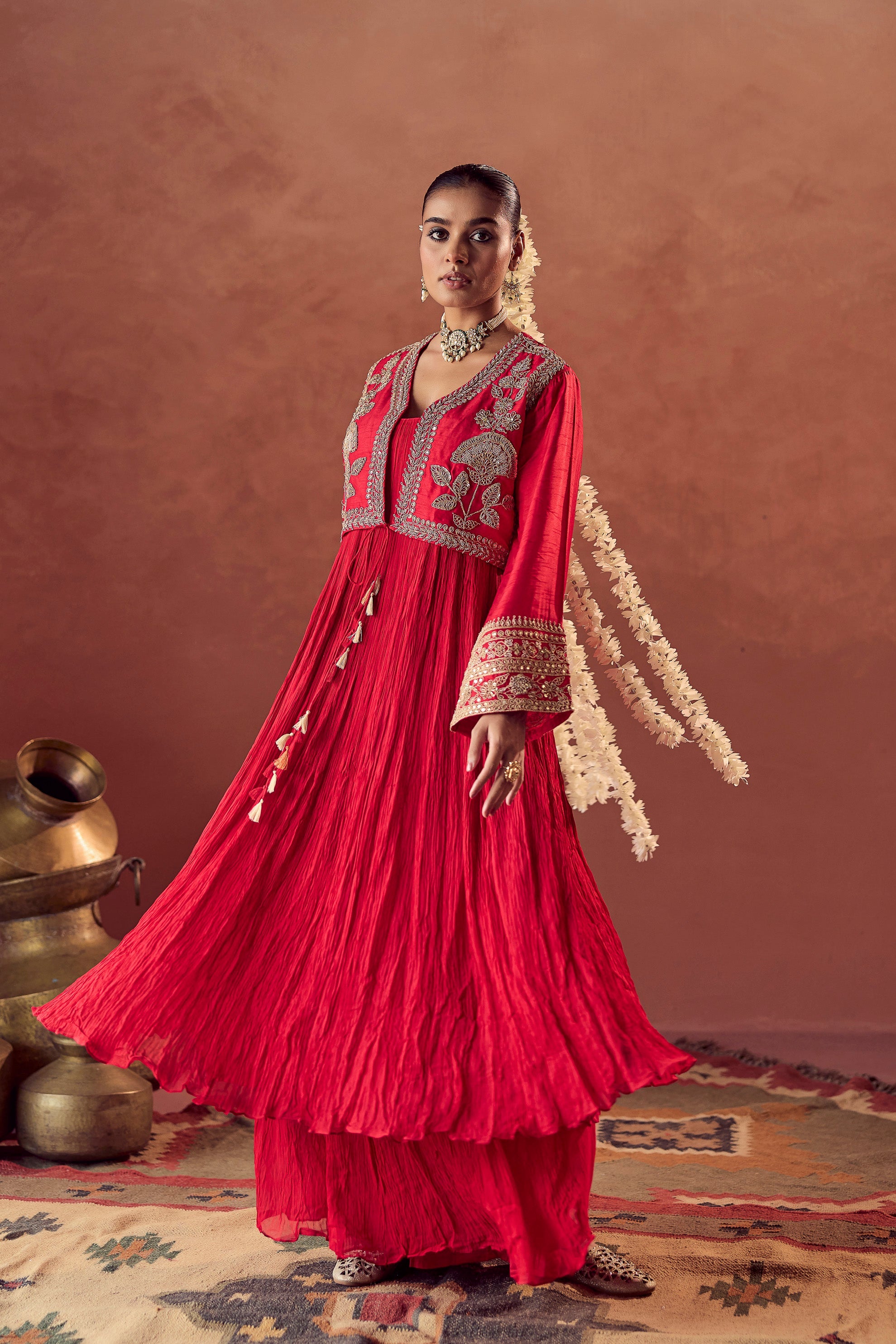 Scarlet Red Embellished Georgette Silk Palazzo Set