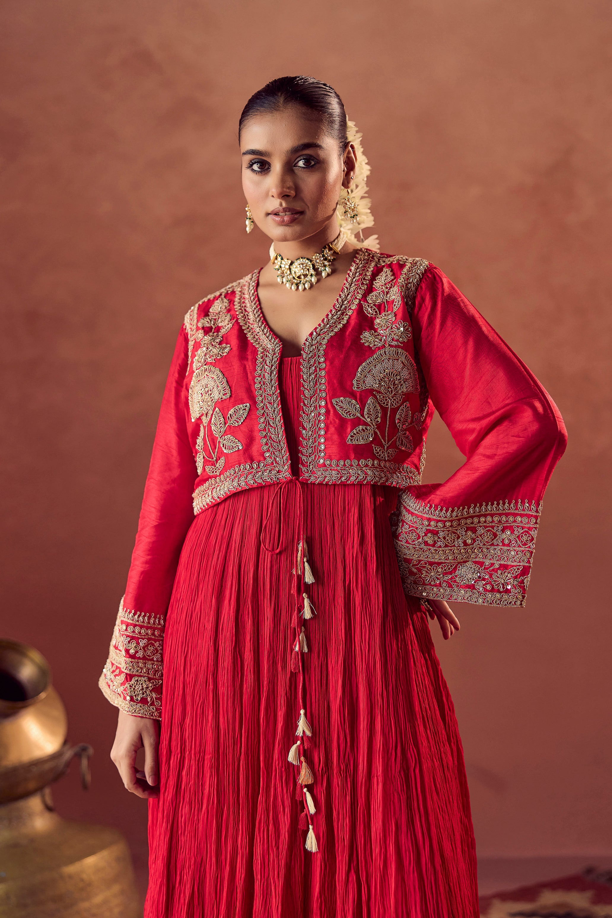 Scarlet Red Embellished Georgette Silk Palazzo Set