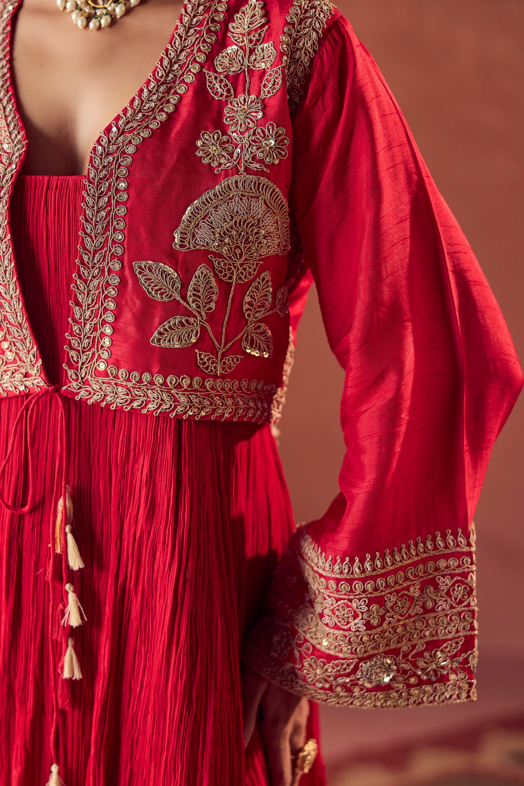 Scarlet Red Embellished Georgette Silk Palazzo Set
