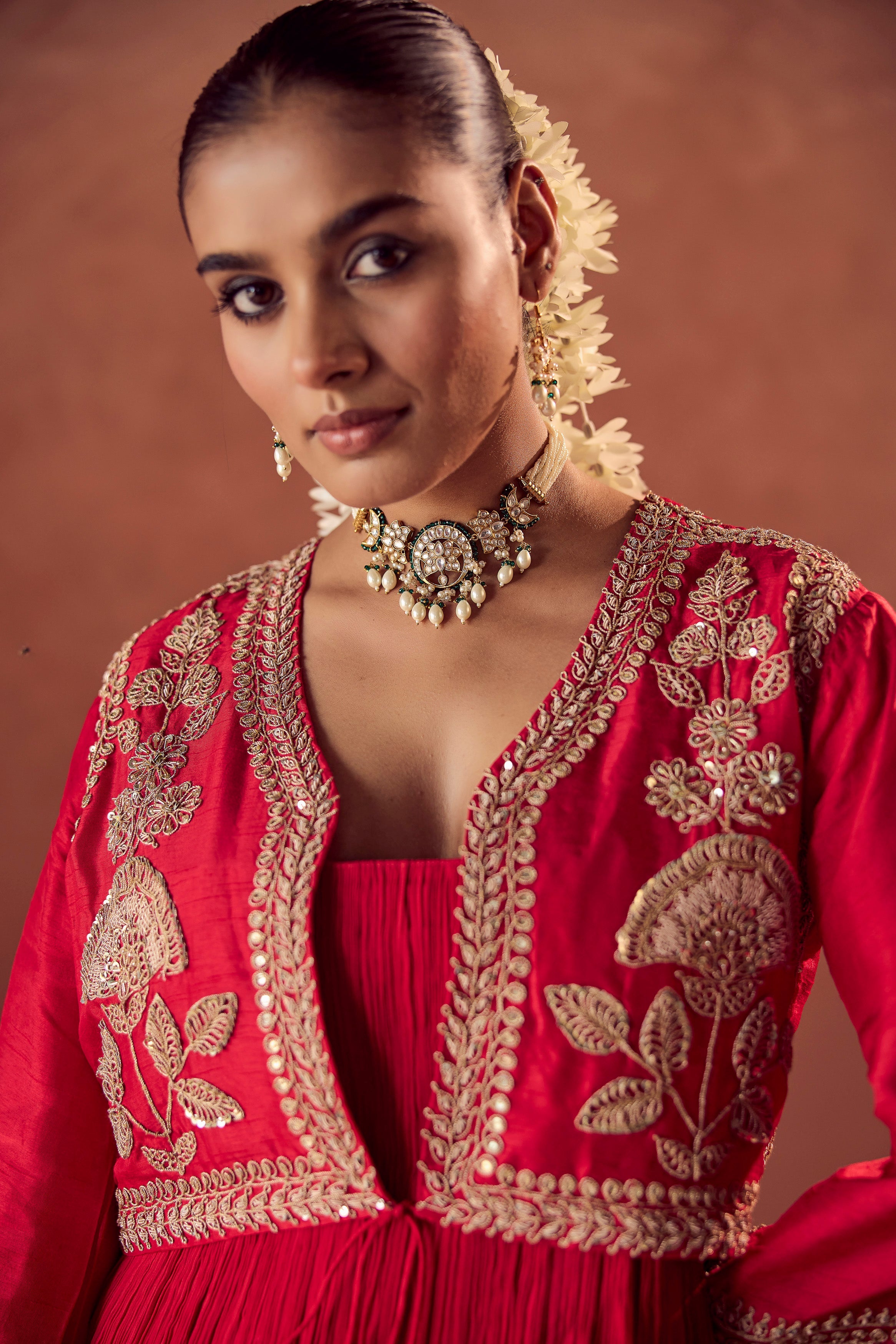 Scarlet Red Embellished Georgette Silk Palazzo Set