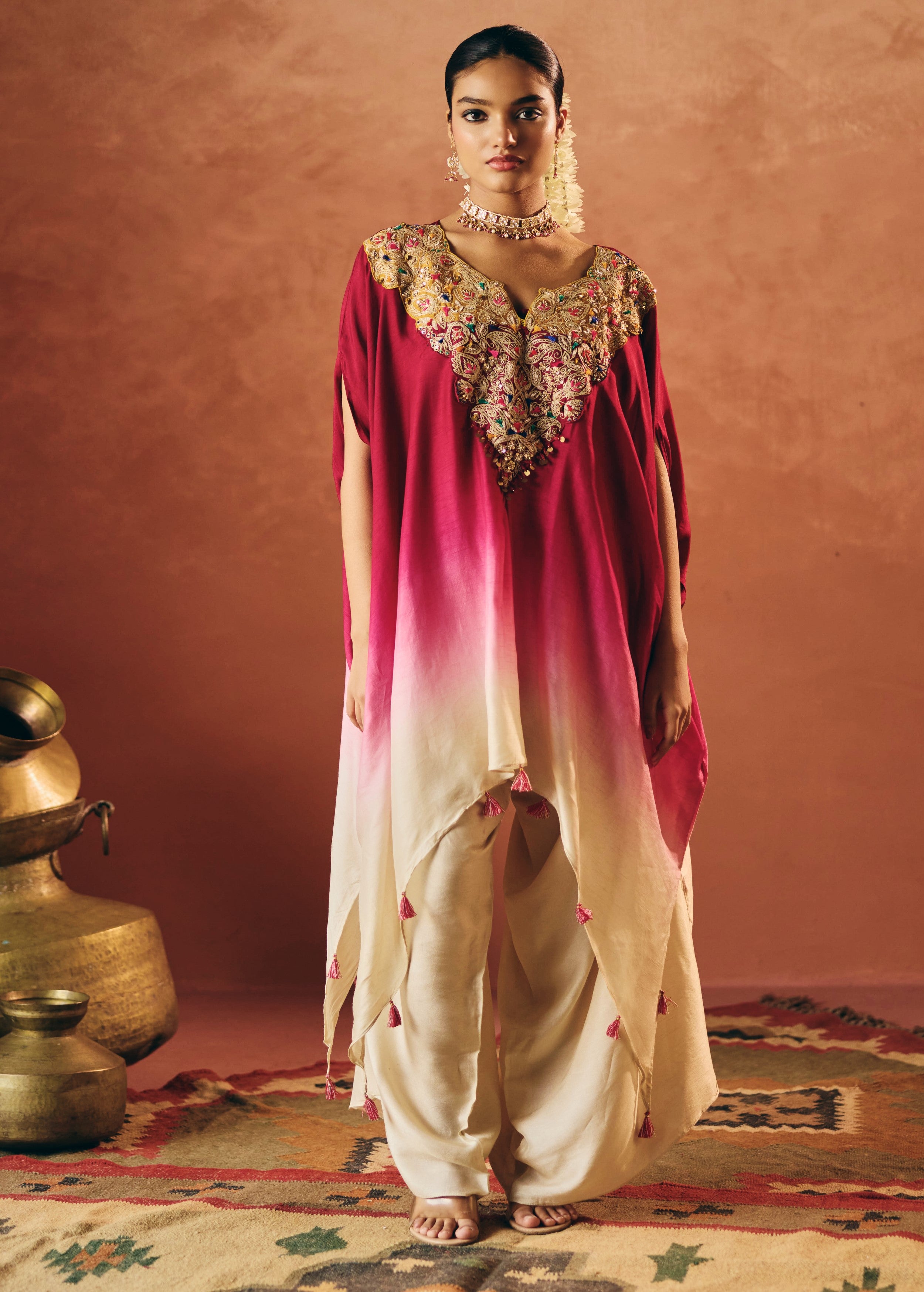 Rich Maroon Embellished Raw Silk Kaftan Set