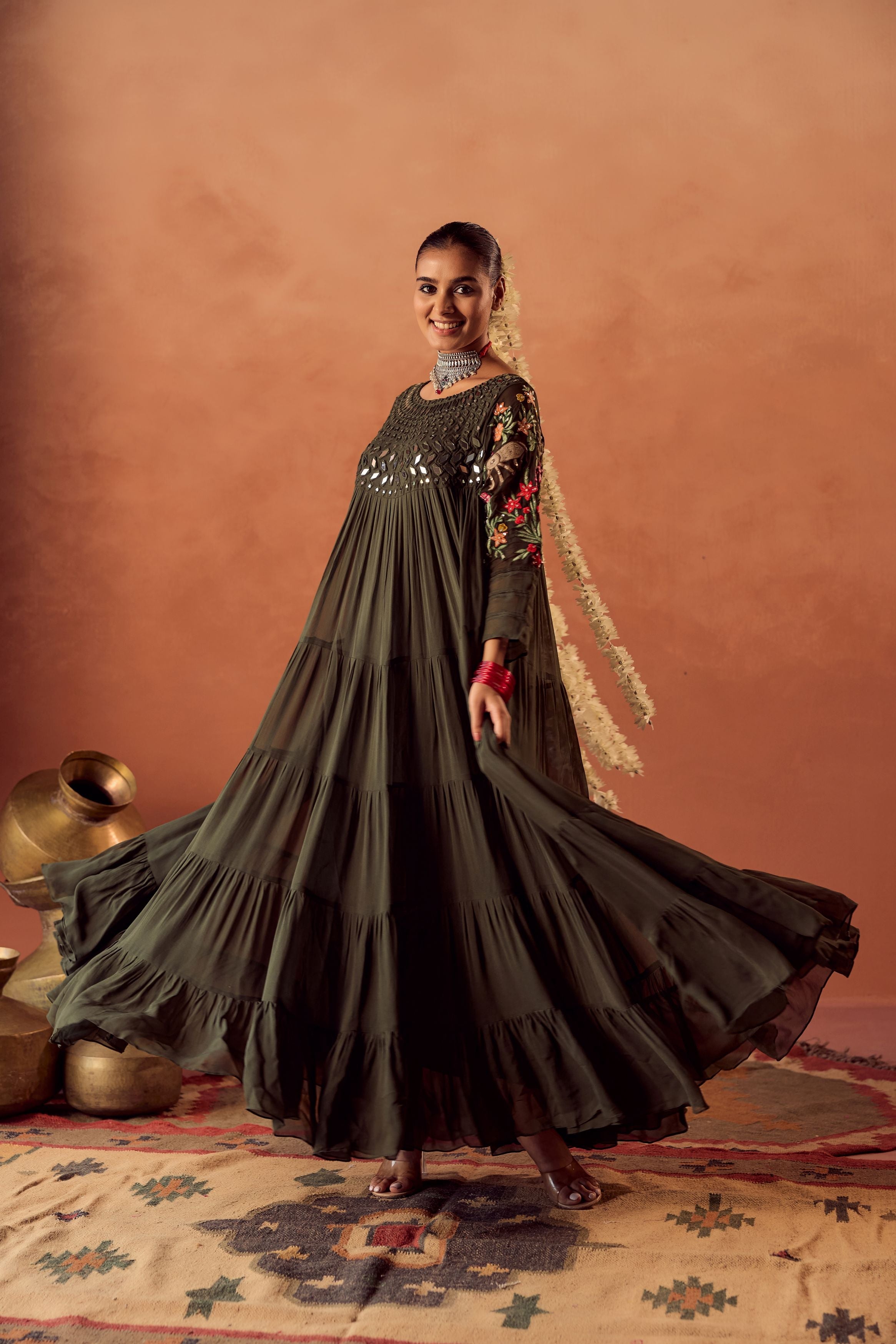 Bottle Green Embroidered Georgette Silk Anarkali Gown