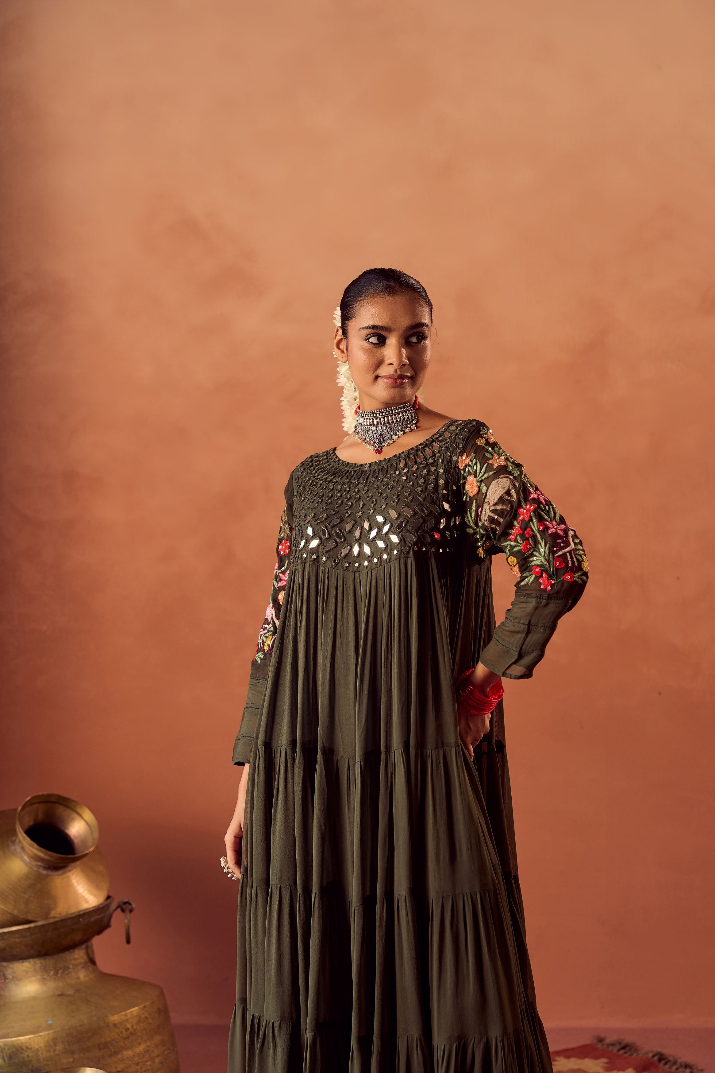 Bottle Green Embroidered Georgette Silk Anarkali Gown