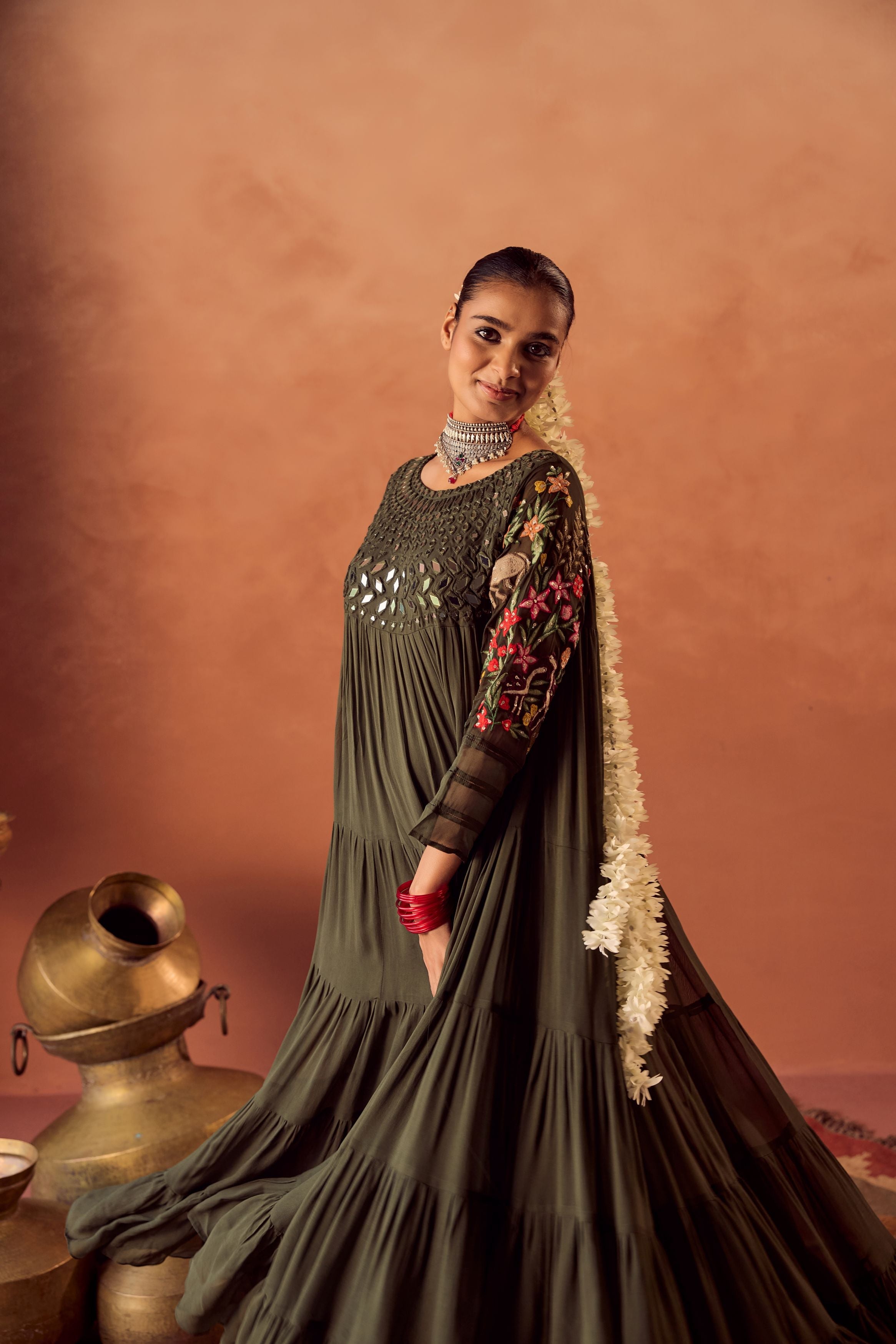 Bottle Green Embroidered Georgette Silk Anarkali Gown