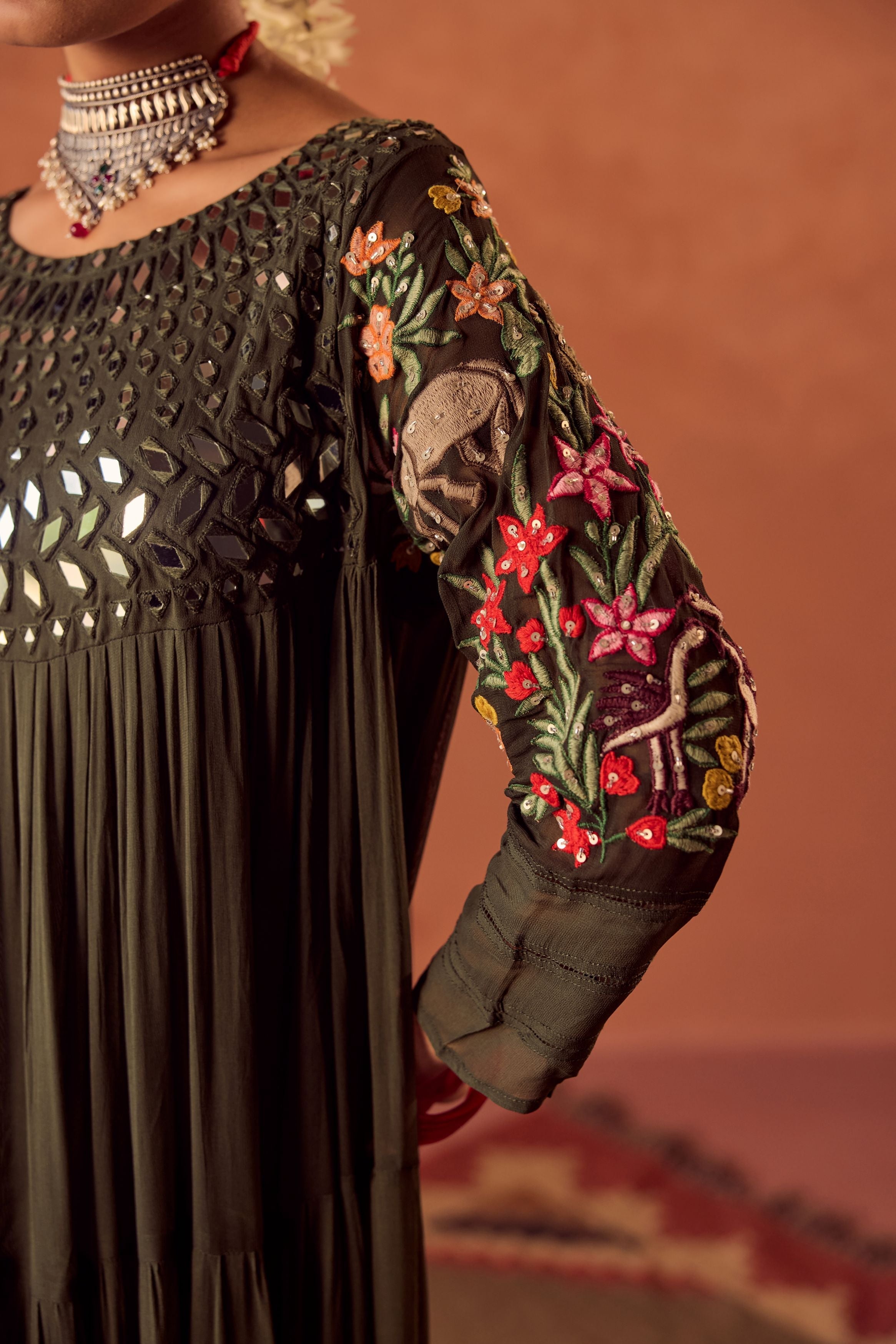 Bottle Green Embroidered Georgette Silk Anarkali Gown