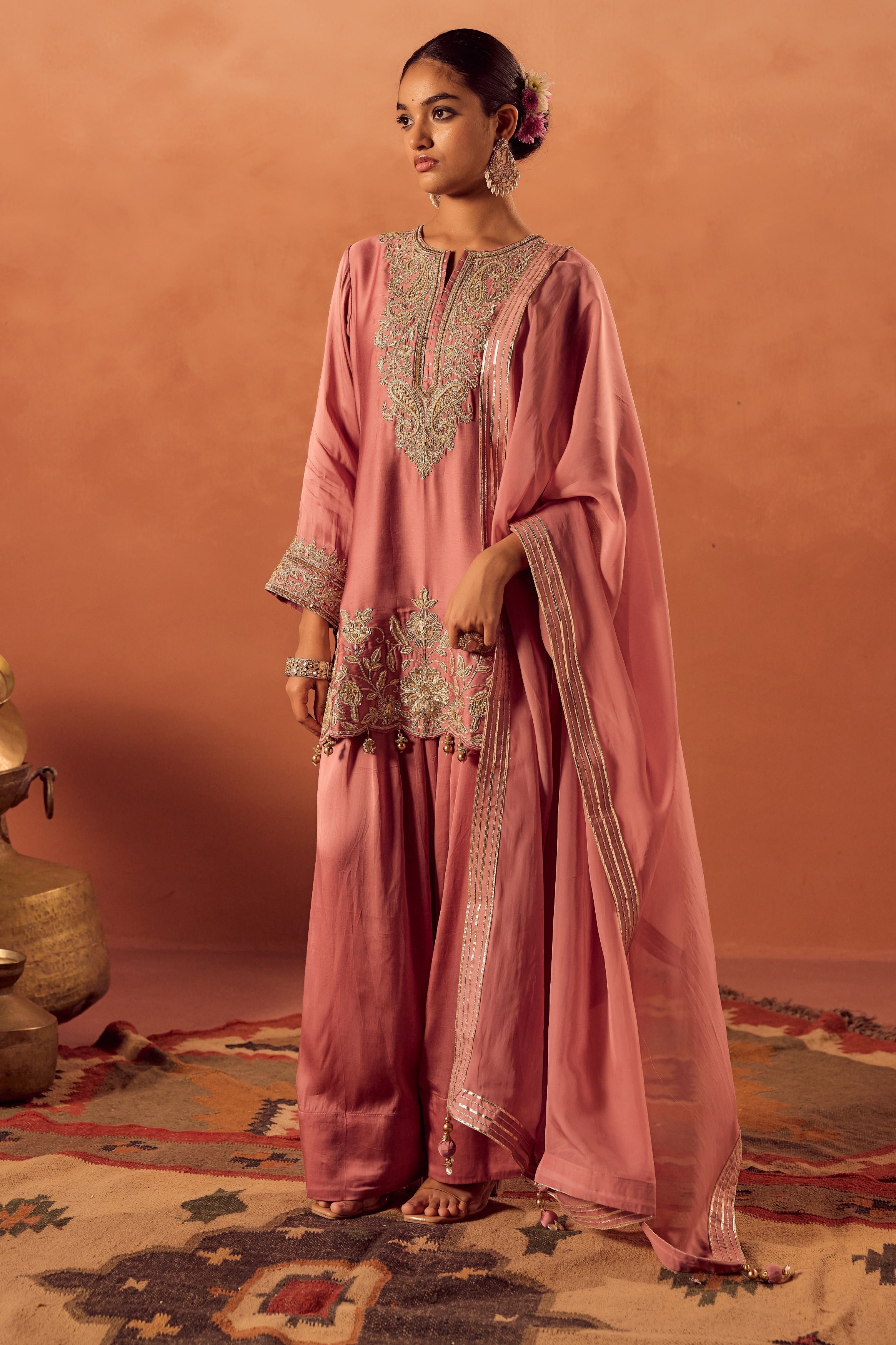 Soft Pink Embellished Satin Silk Palazzo Set