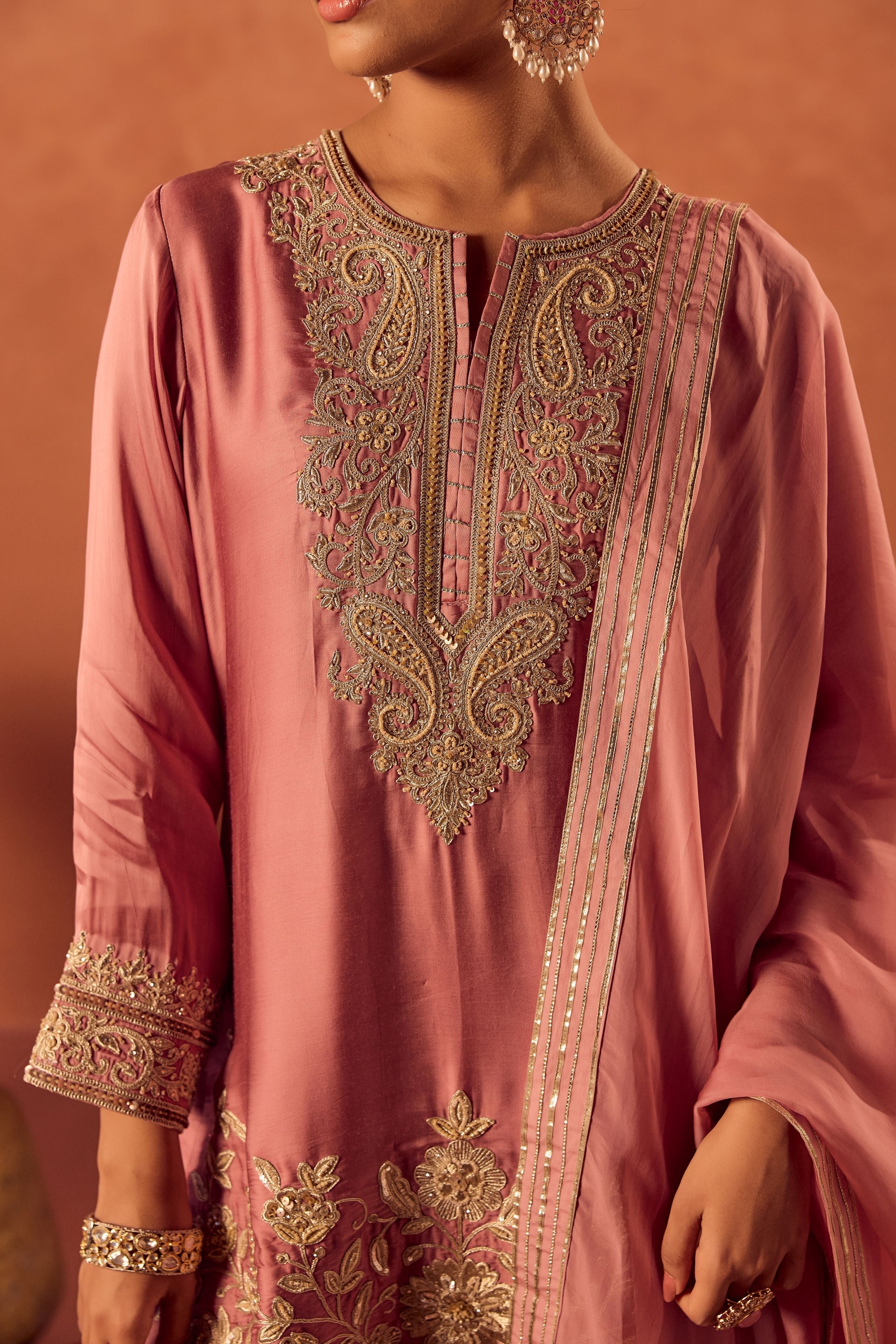Soft Pink Embellished Satin Silk Palazzo Set