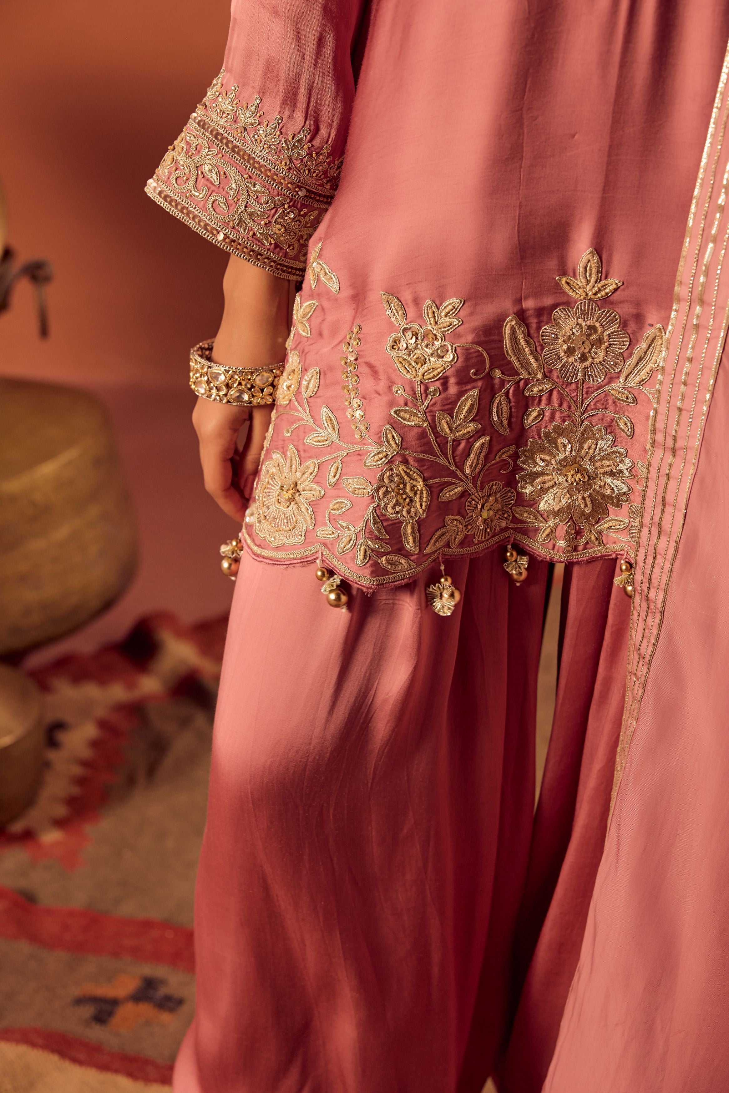 Soft Pink Embellished Satin Silk Palazzo Set