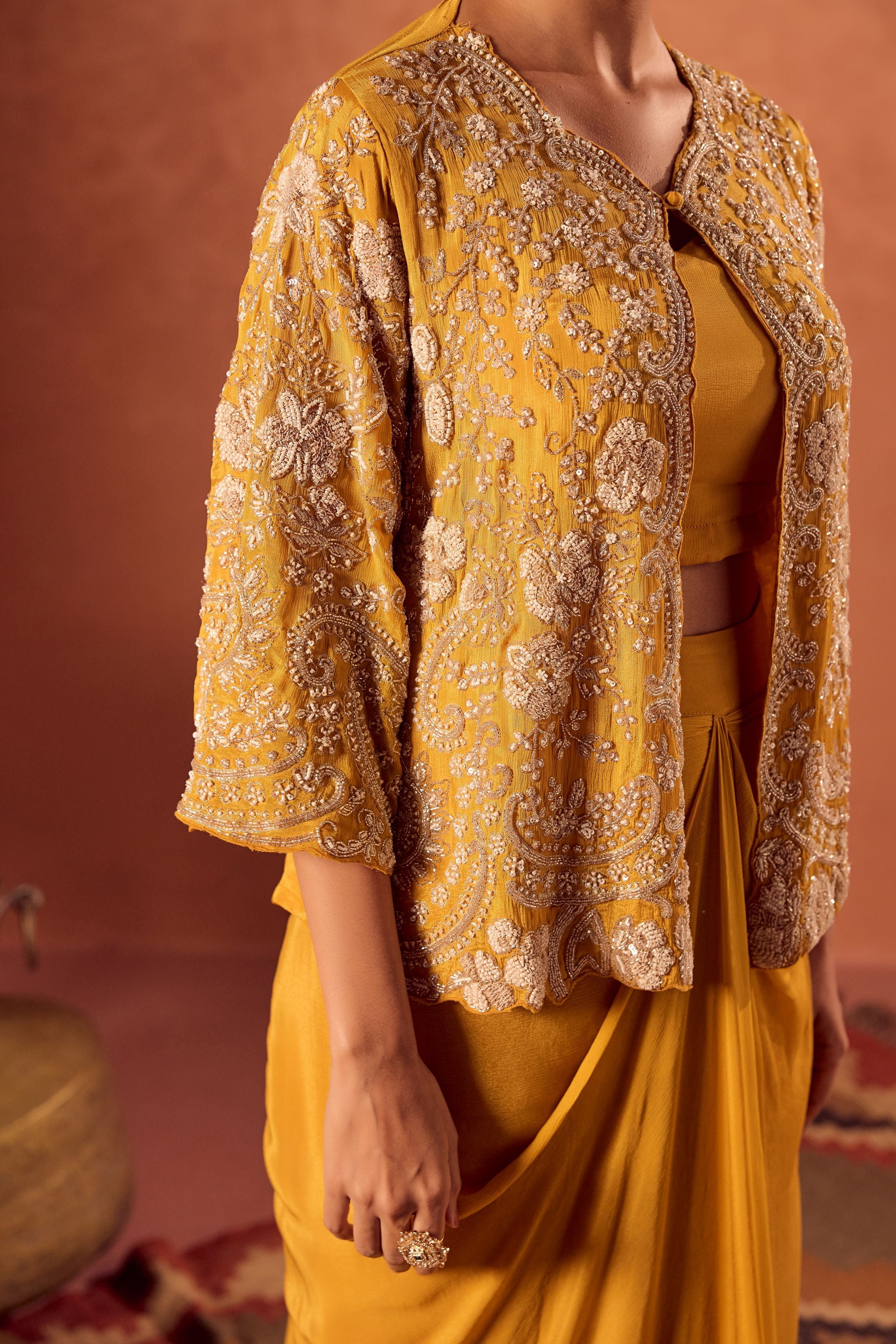 Bright Mustard Embellished Chinon Silk Skirt Set
