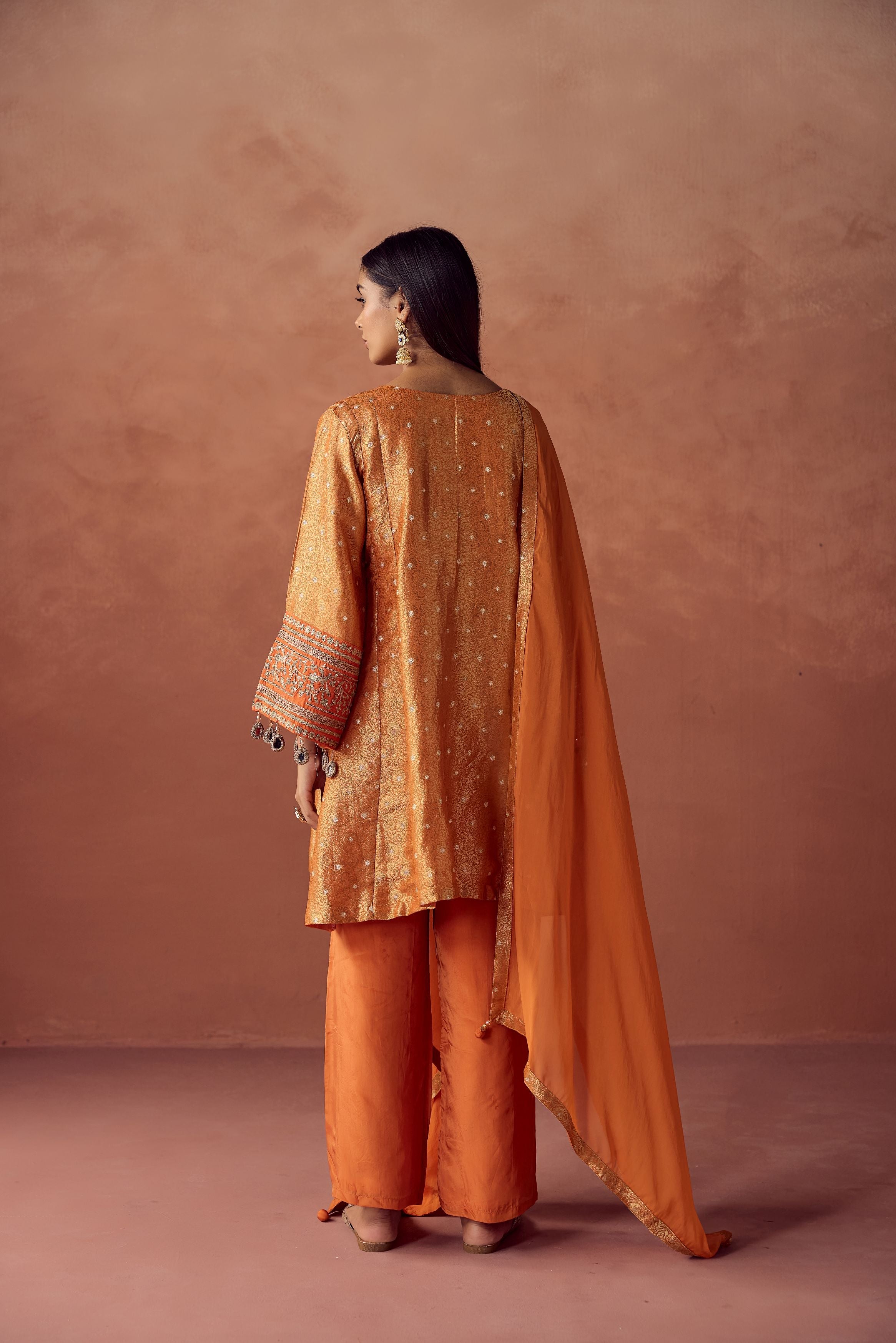 Bright Orange Embellished Brocade Organza Silk Pant Set