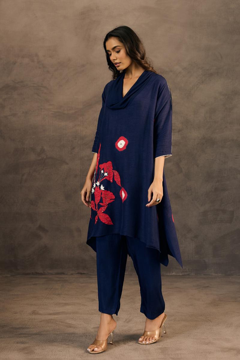 Navy Blue  Embellished Raw Silk Pant Set