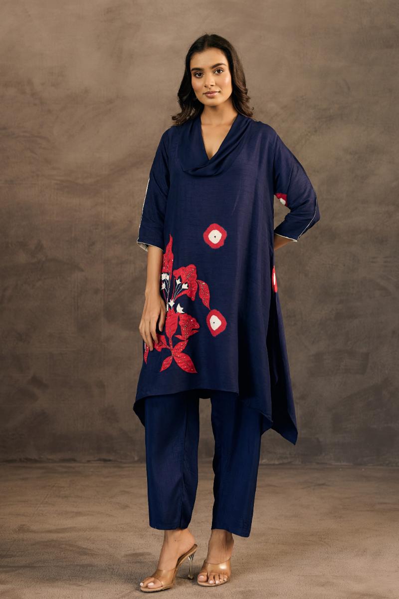 Navy Blue  Embellished Raw Silk Pant Set
