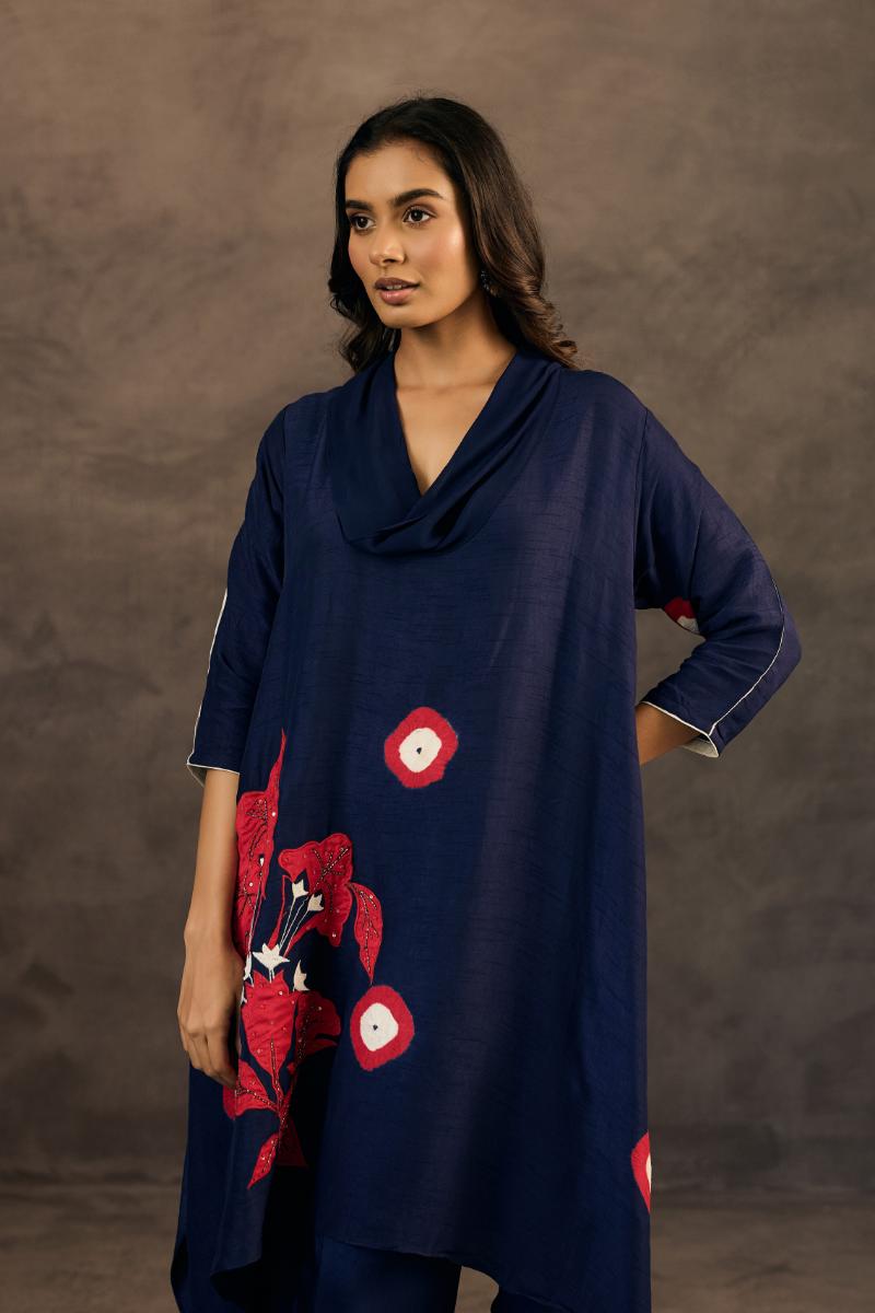 Navy Blue  Embellished Raw Silk Pant Set