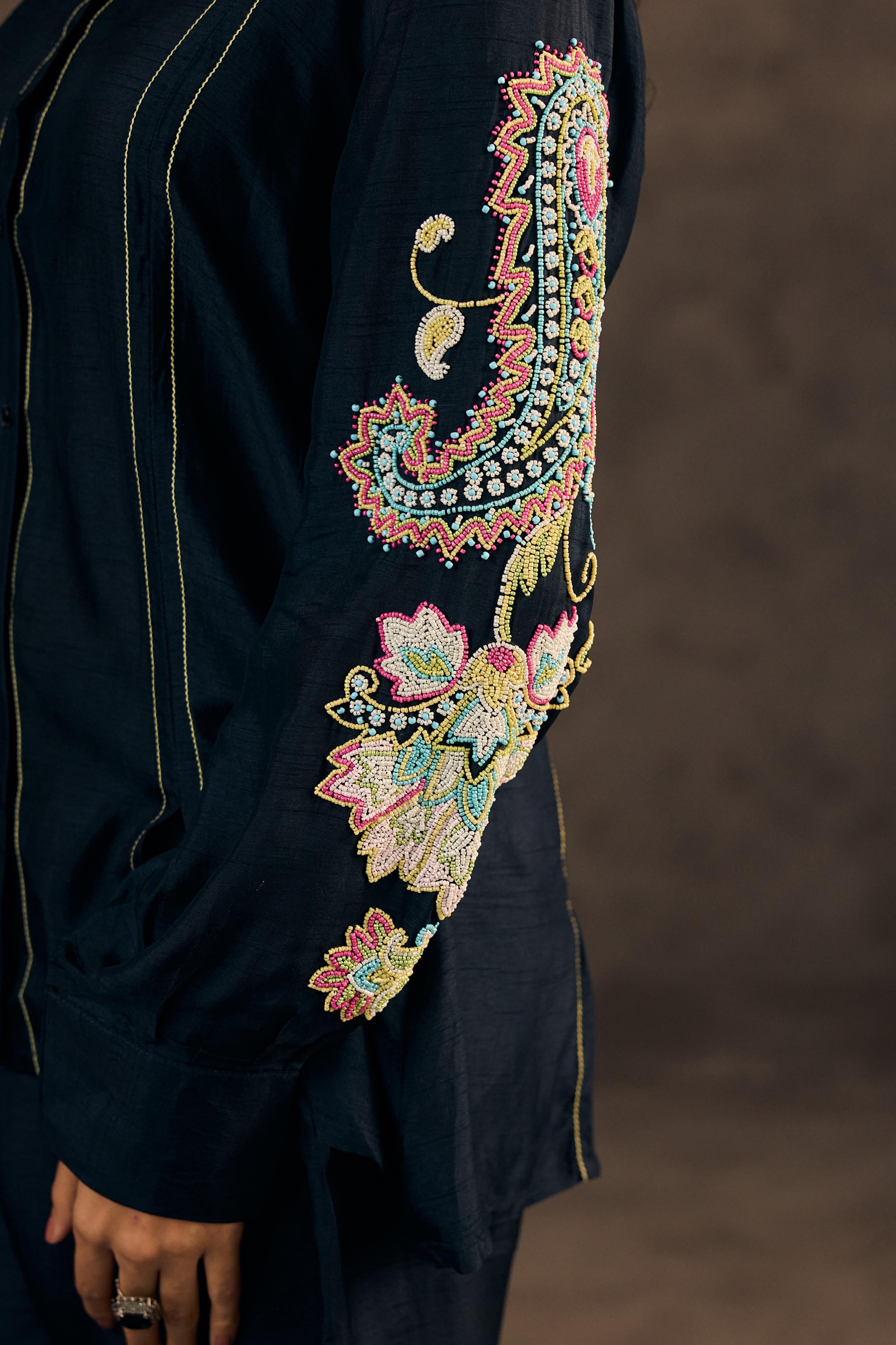 Midnight Blue Embroidered Raw Silk Co-Ord Set