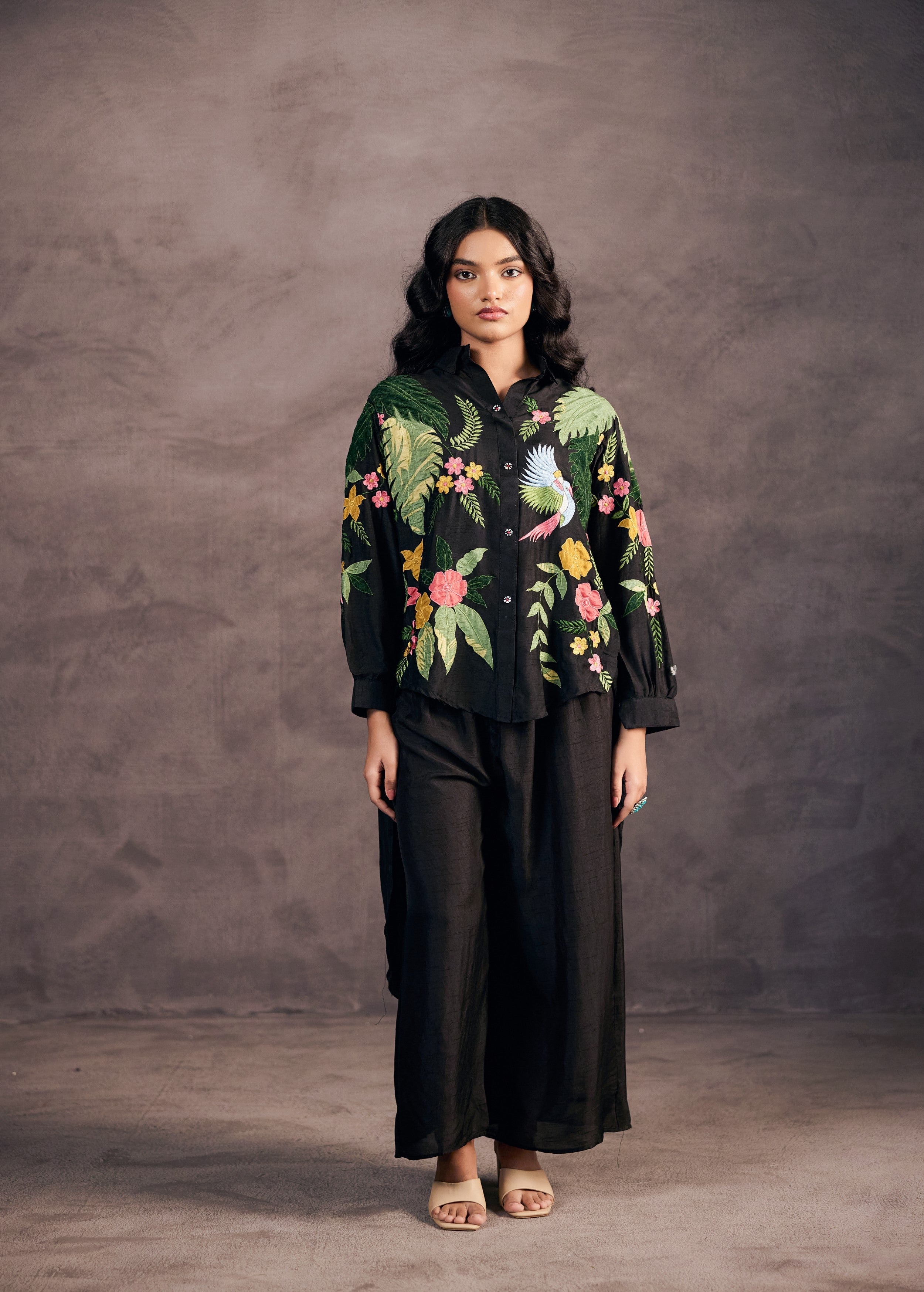 Coal Black Embroidered Raw Silk Co-Ord Set