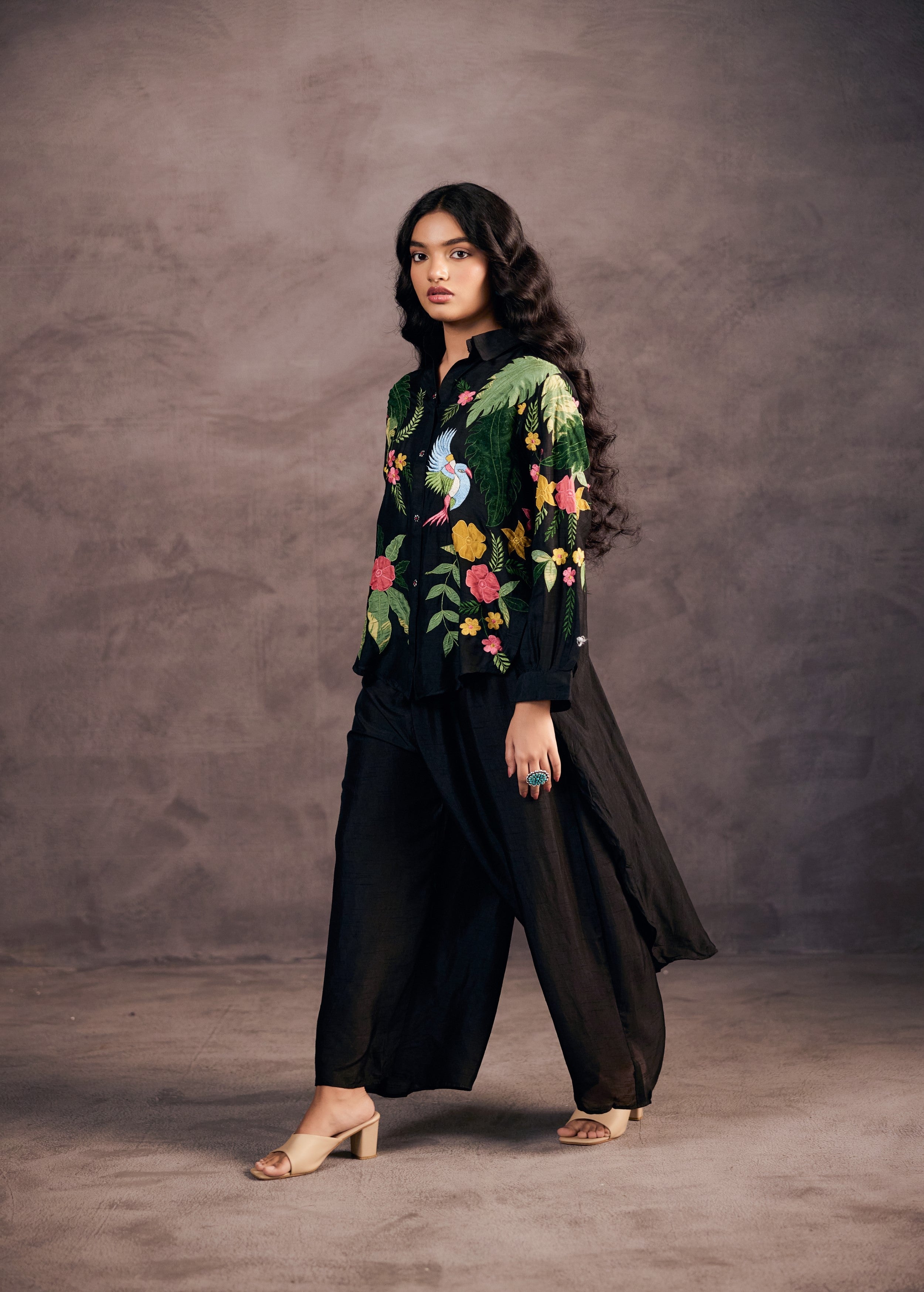 Coal Black Embroidered Raw Silk Co-Ord Set