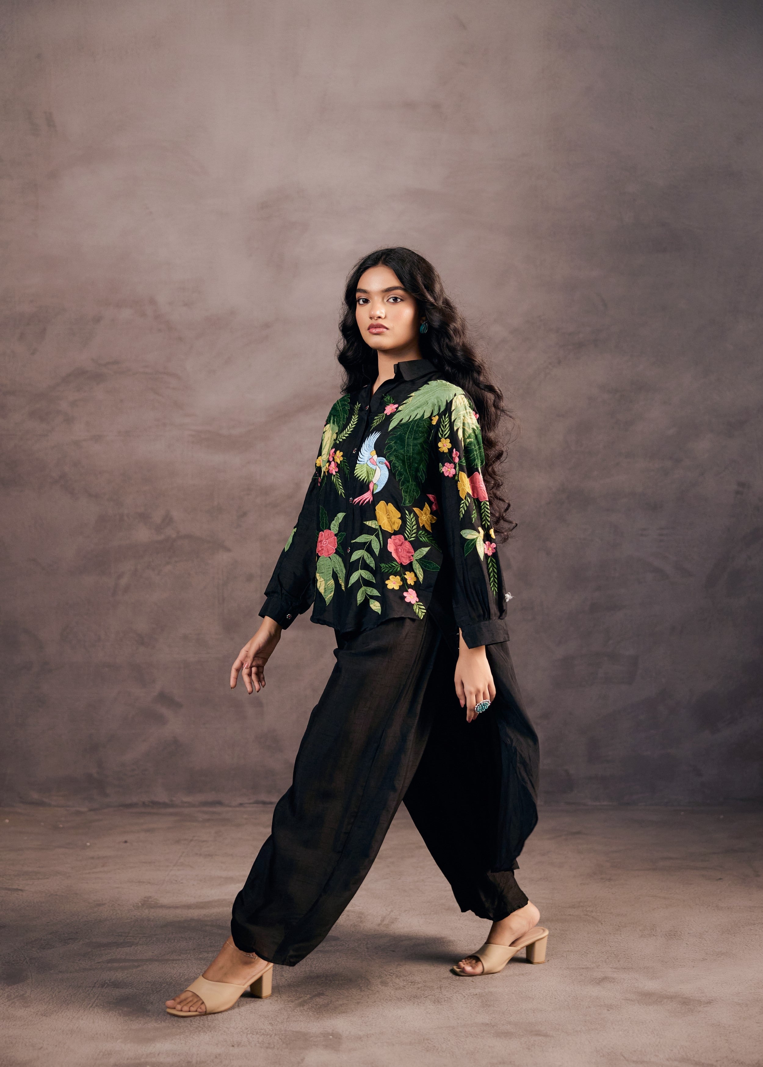Coal Black Embroidered Raw Silk Co-Ord Set