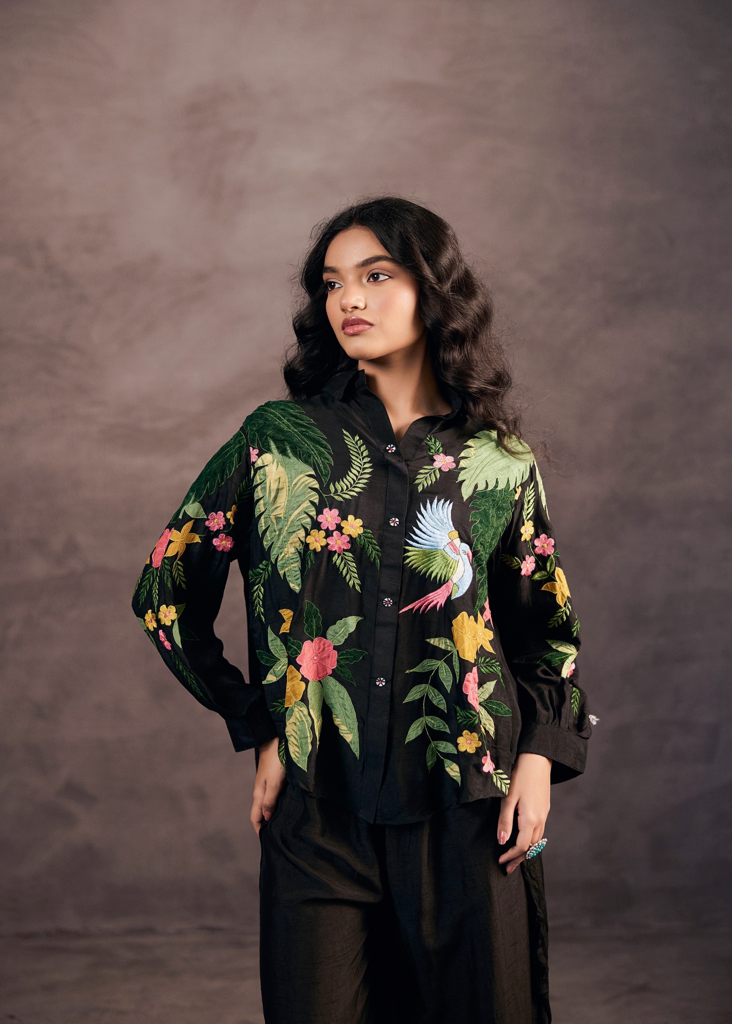 Coal Black Embroidered Raw Silk Co-Ord Set