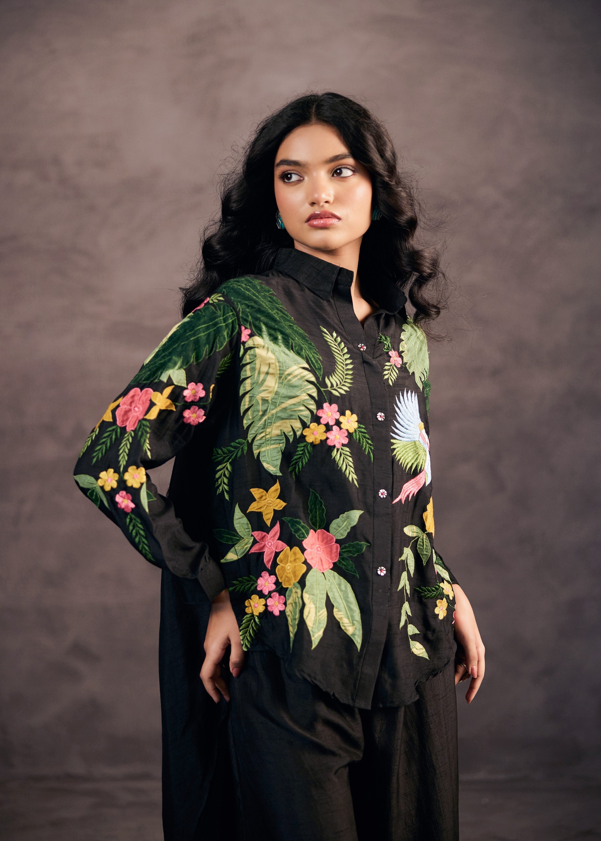 Coal Black Embroidered Raw Silk Co-Ord Set