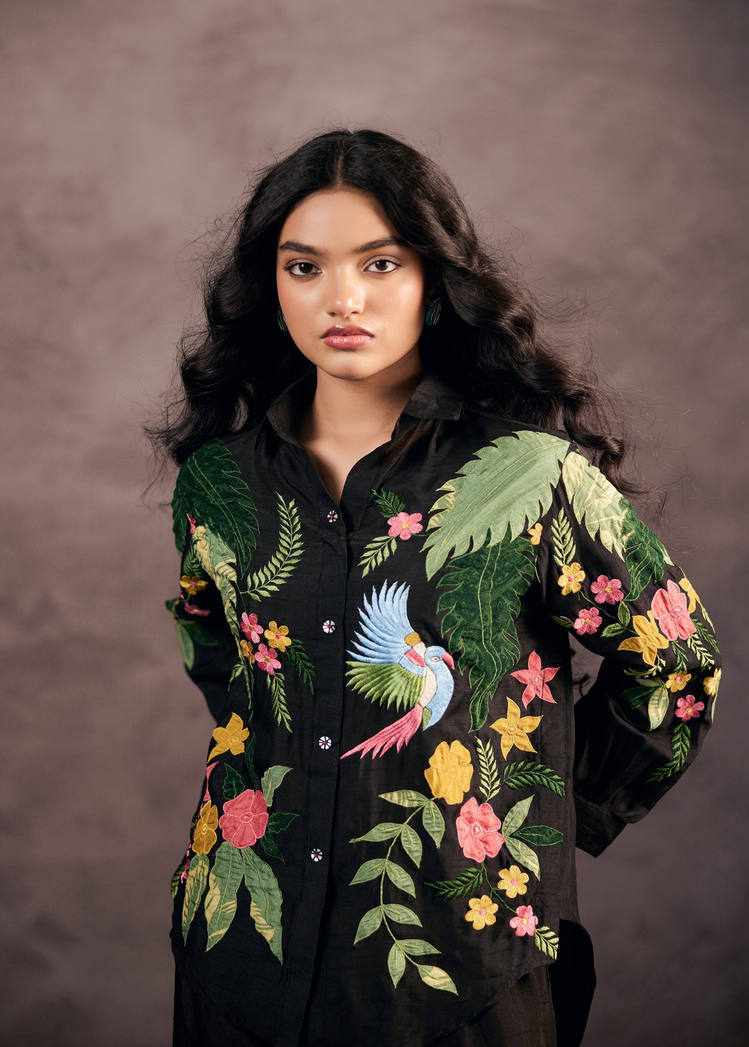 Coal Black Embroidered Raw Silk Co-Ord Set