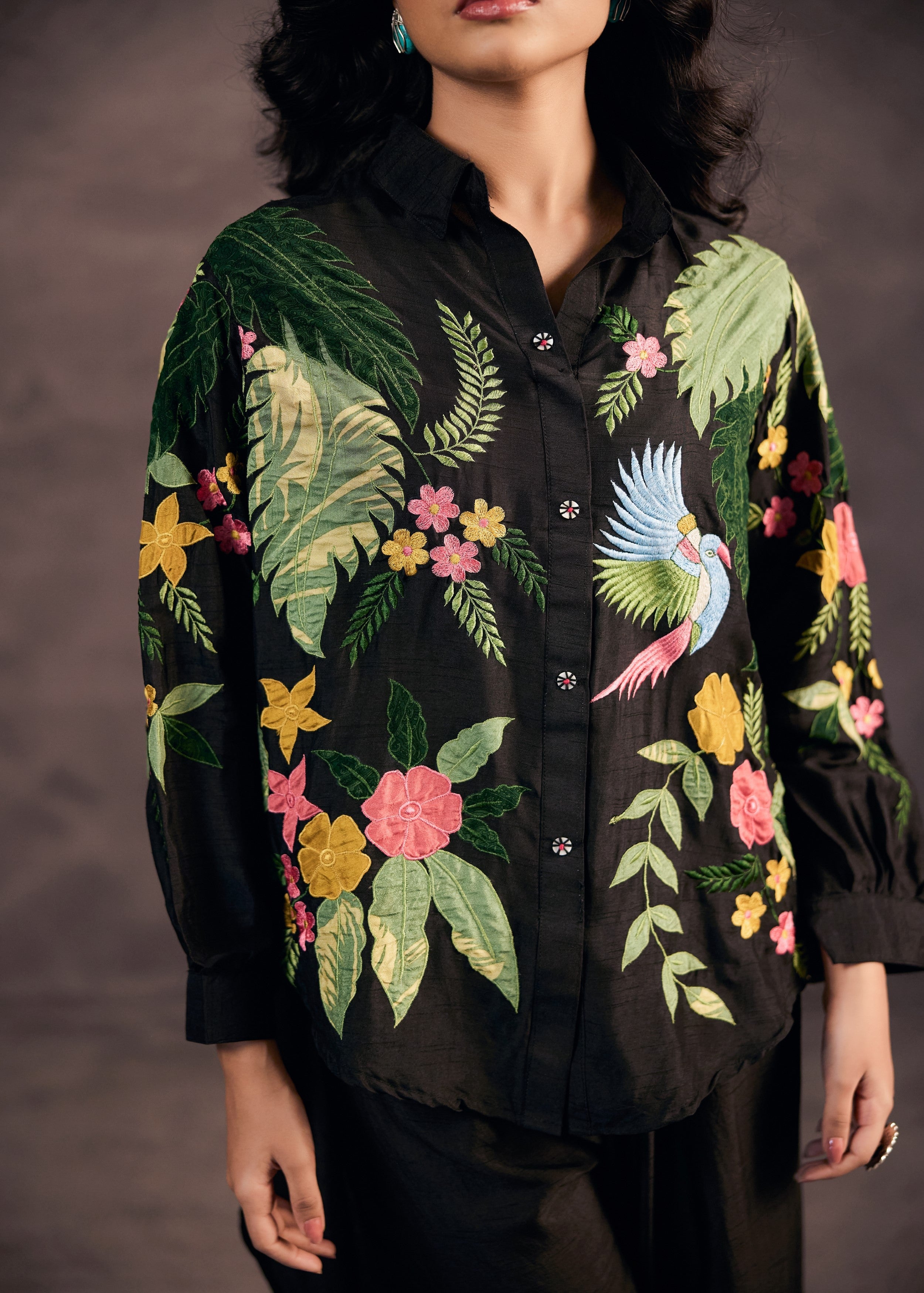 Coal Black Embroidered Raw Silk Co-Ord Set