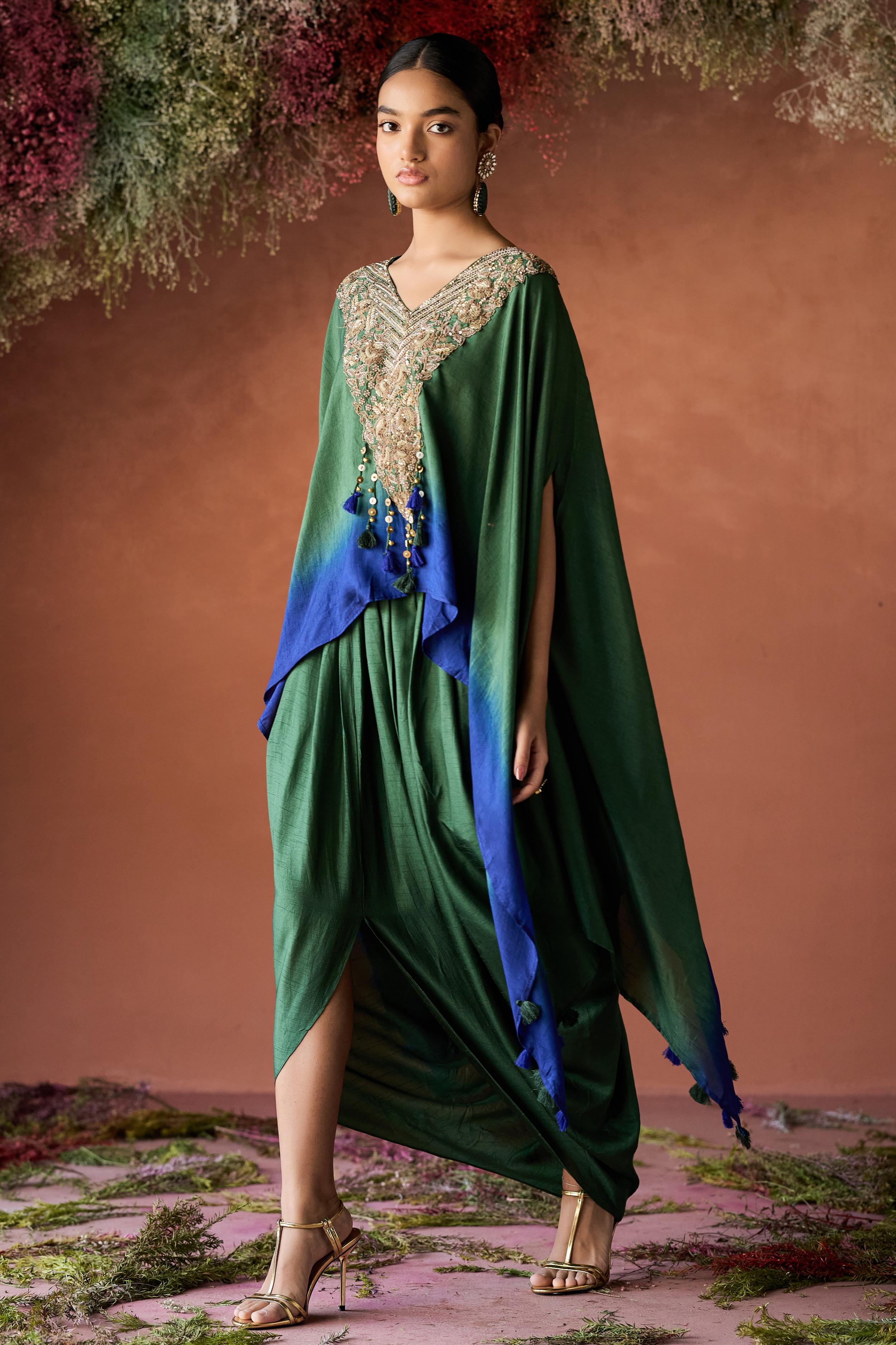 Forest Green Embellished Raw Silk Kaftan Set