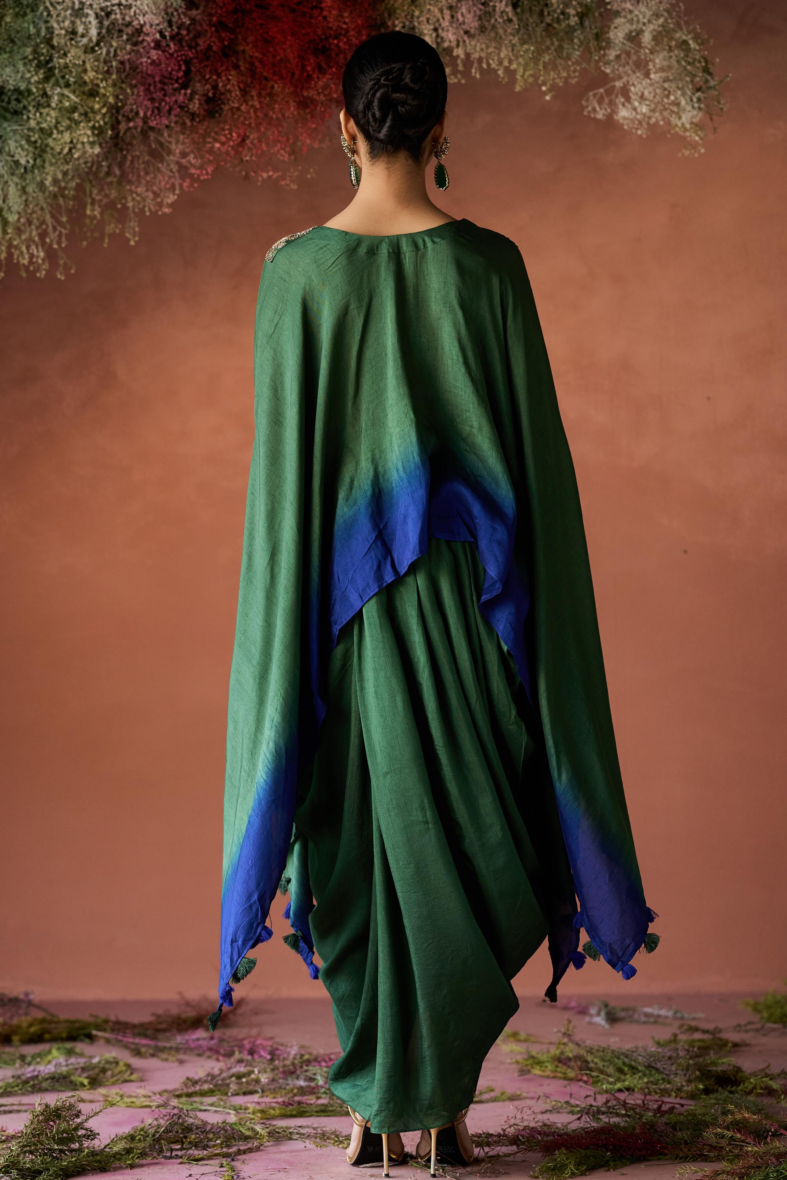 Forest Green Embellished Raw Silk Kaftan Set