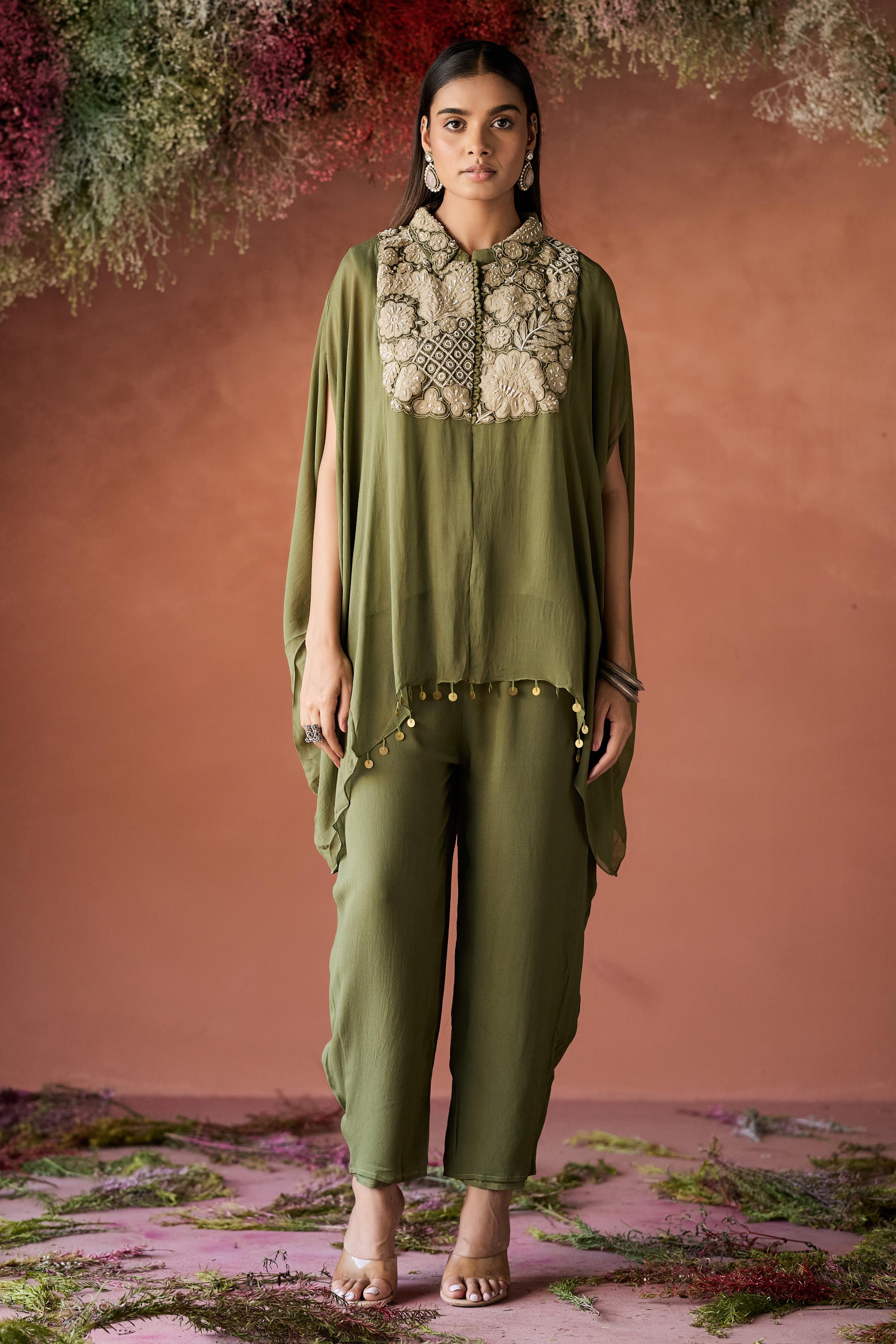 Olive Green Embellished Georgette Silk Kaftan Set