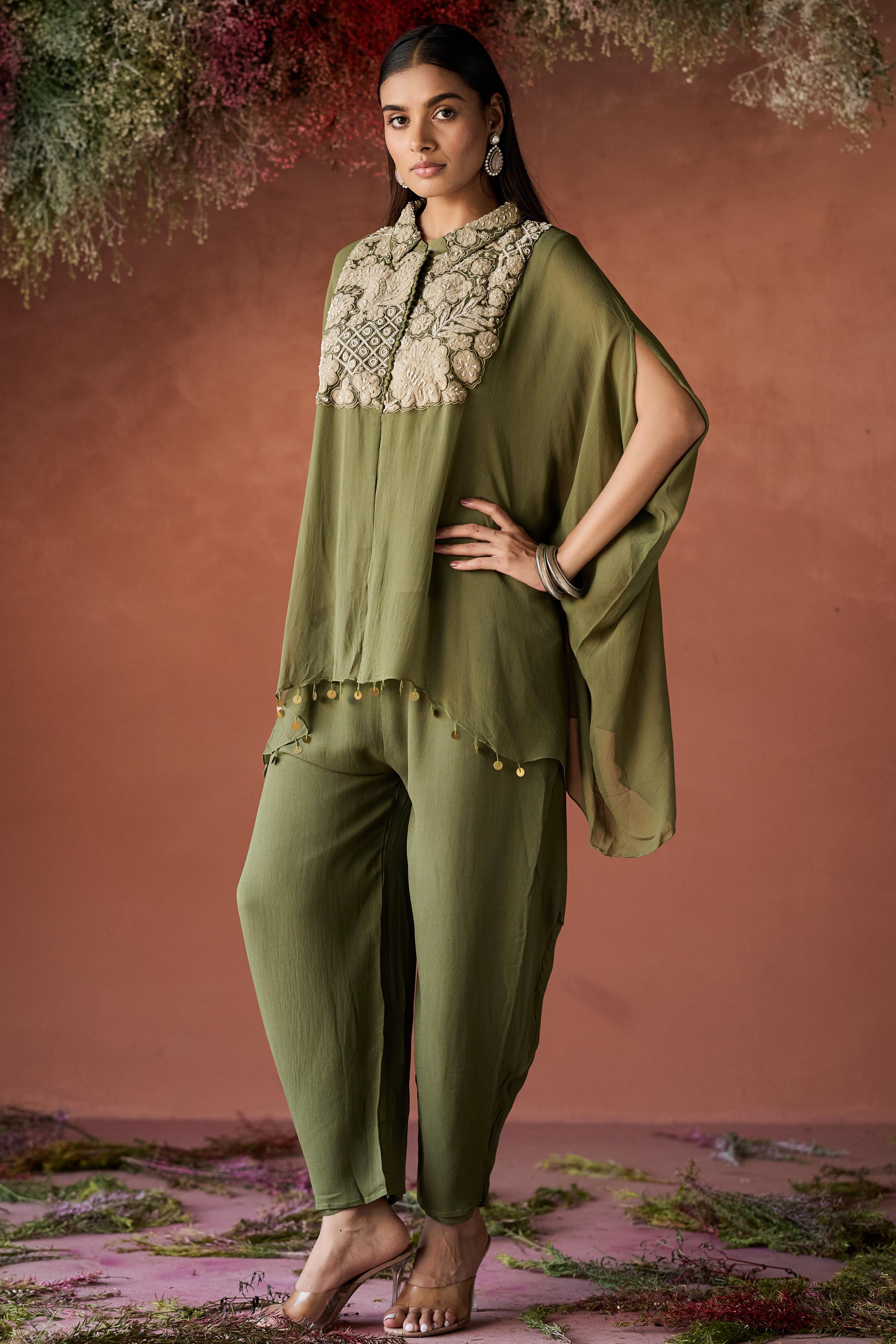 Olive Green Embellished Georgette Kaftan Set