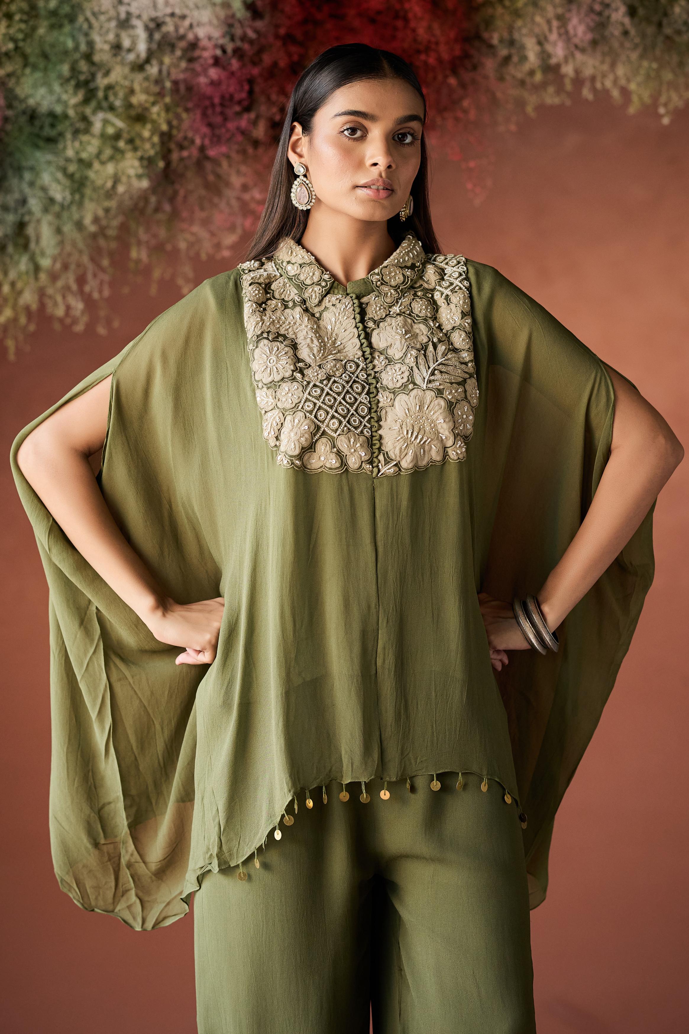Olive Green Embellished Georgette Kaftan Set