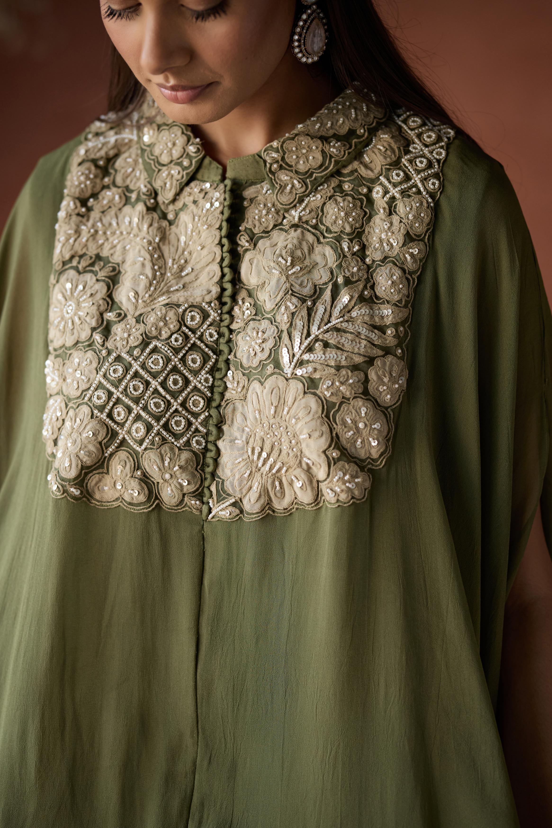 Olive Green Embellished Georgette Silk Kaftan Set