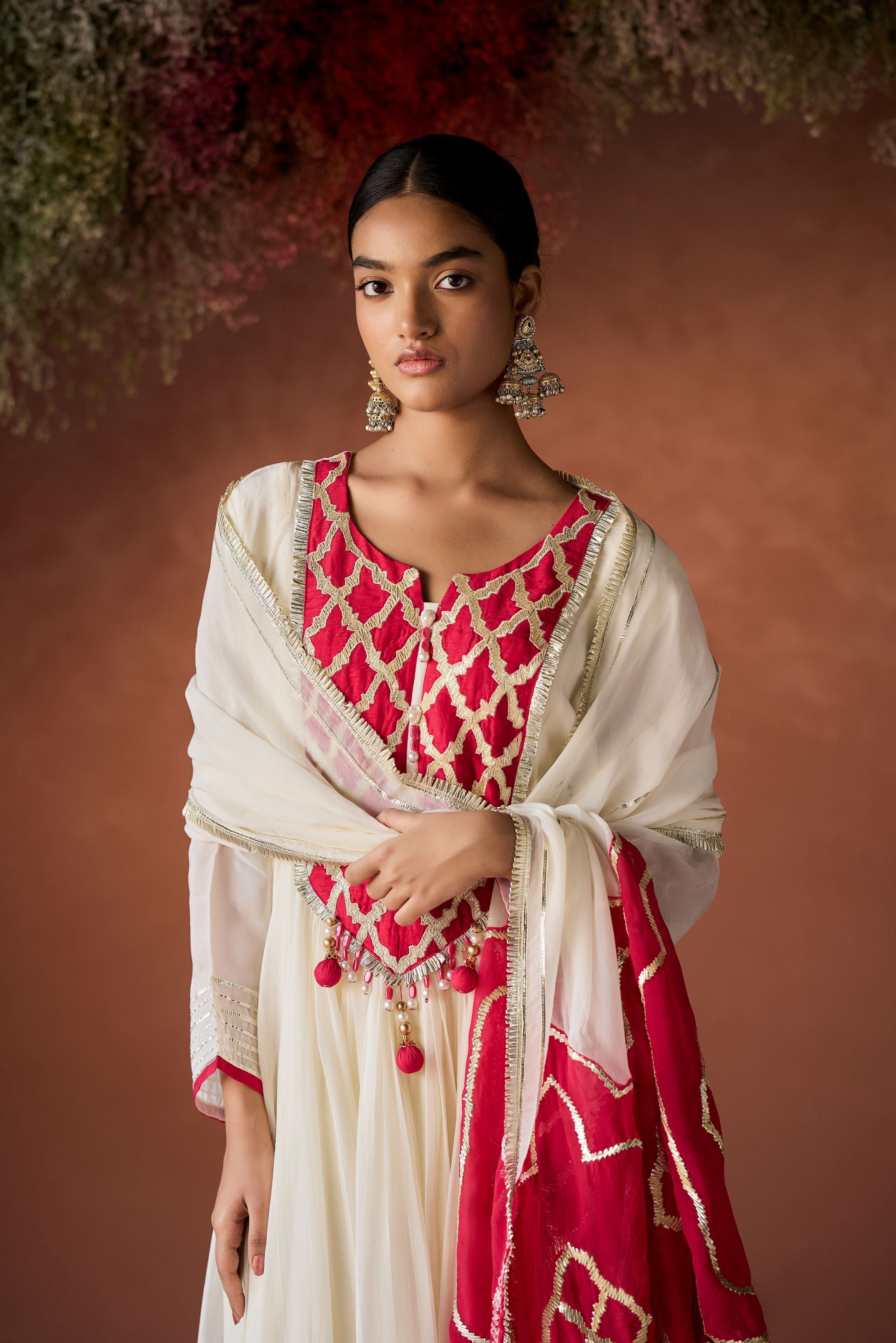 Off White Raw Silk Anarkali Set