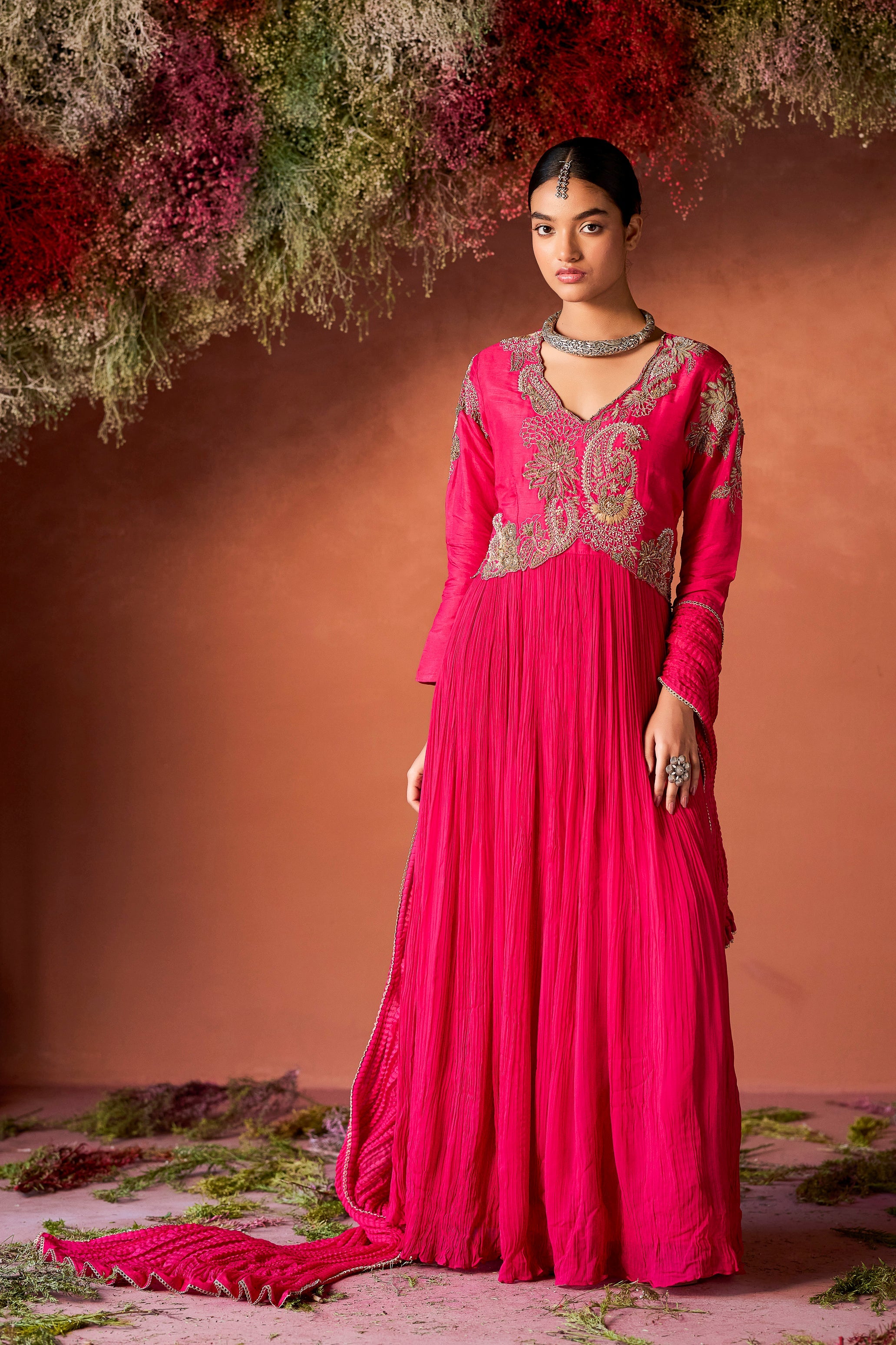 Rani Pink Embellished Georgette Silk Anarkali Set