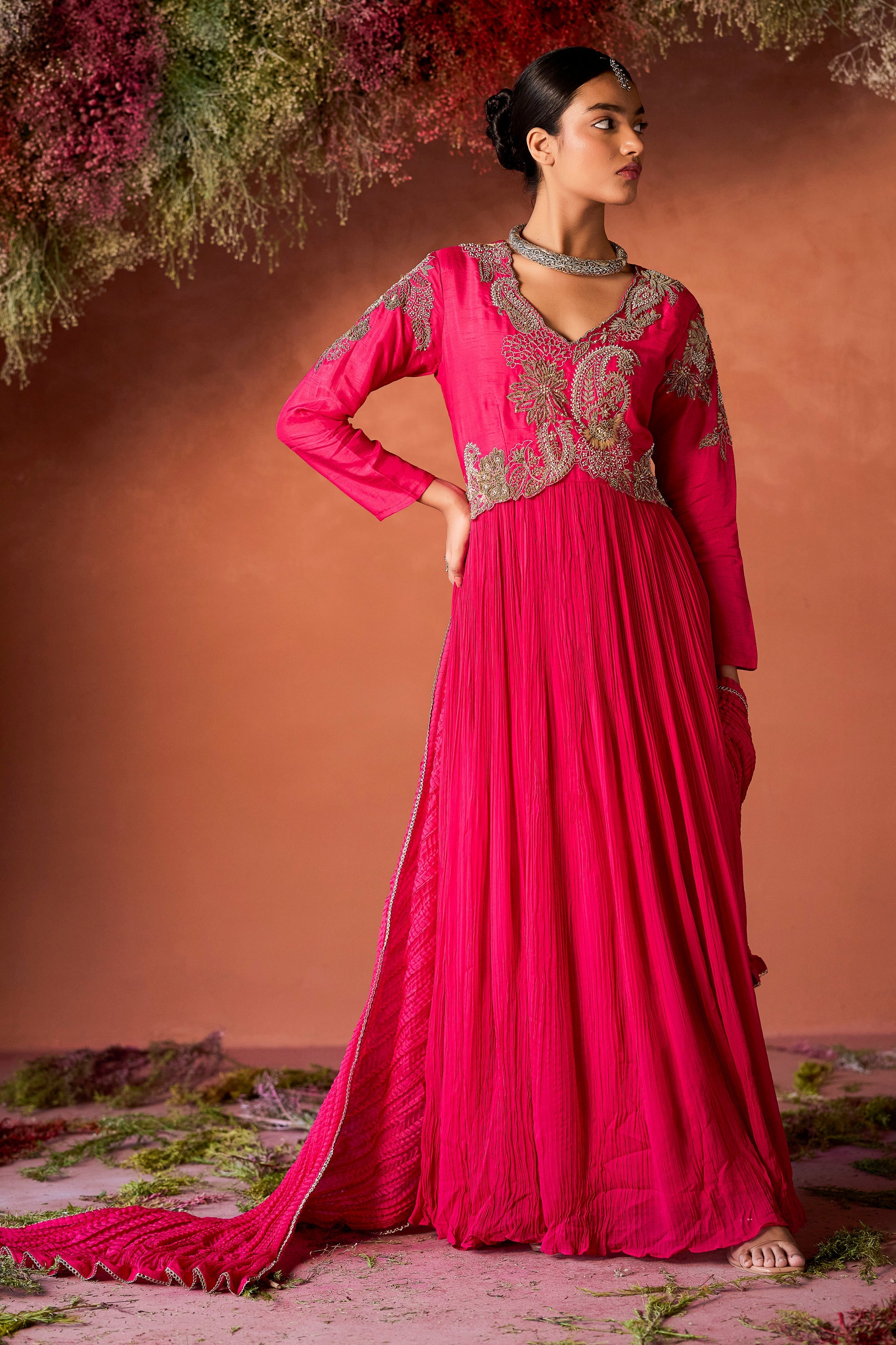 Rani Pink Embellished Georgette Silk Anarkali Set