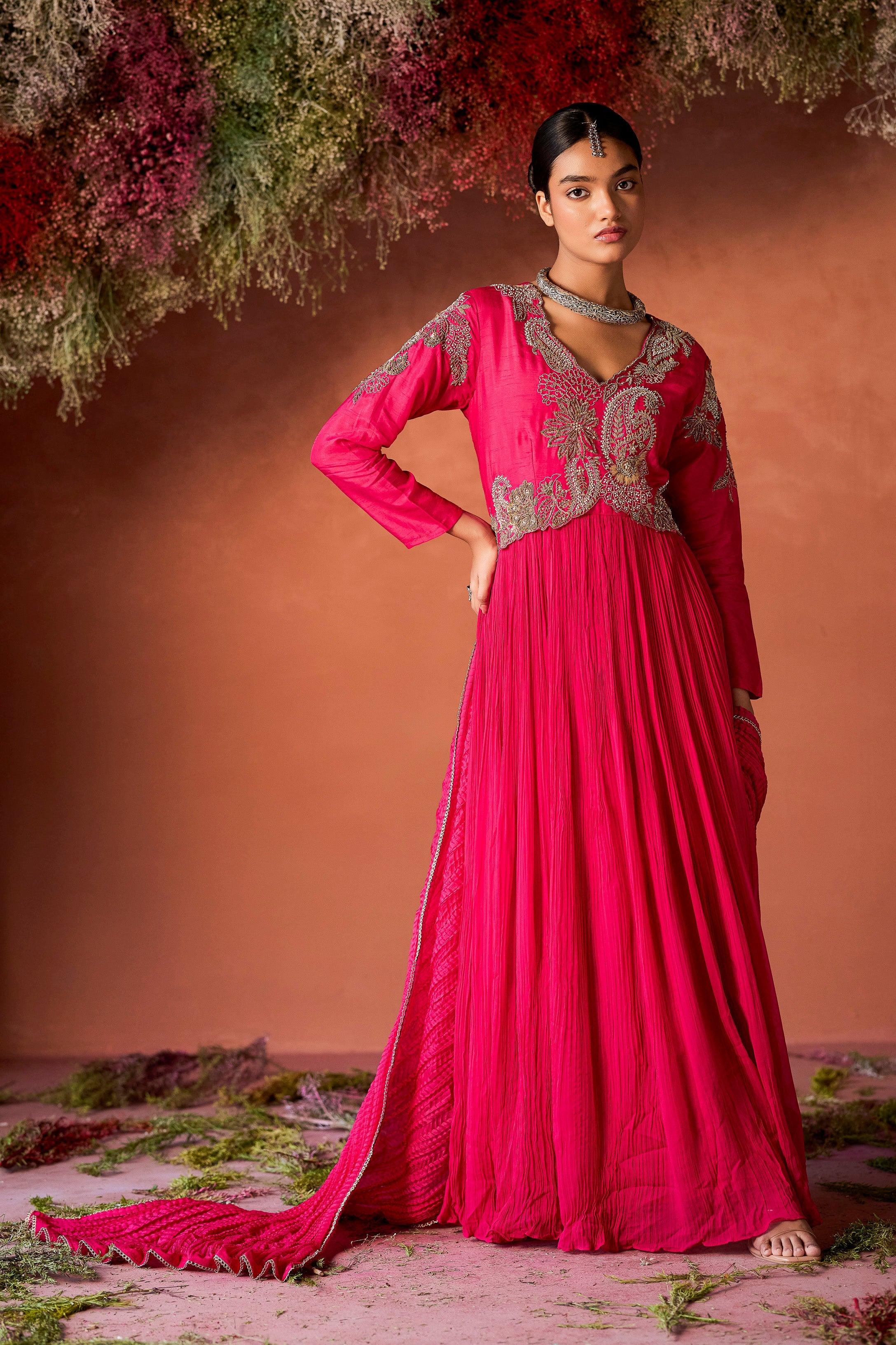 Rani Pink Embellished Georgette Silk Anarkali Set