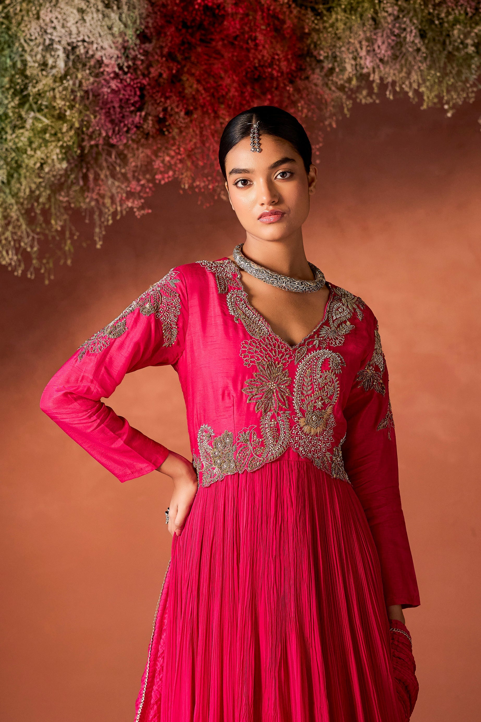 Rani Pink Embellished Georgette Silk Anarkali Set