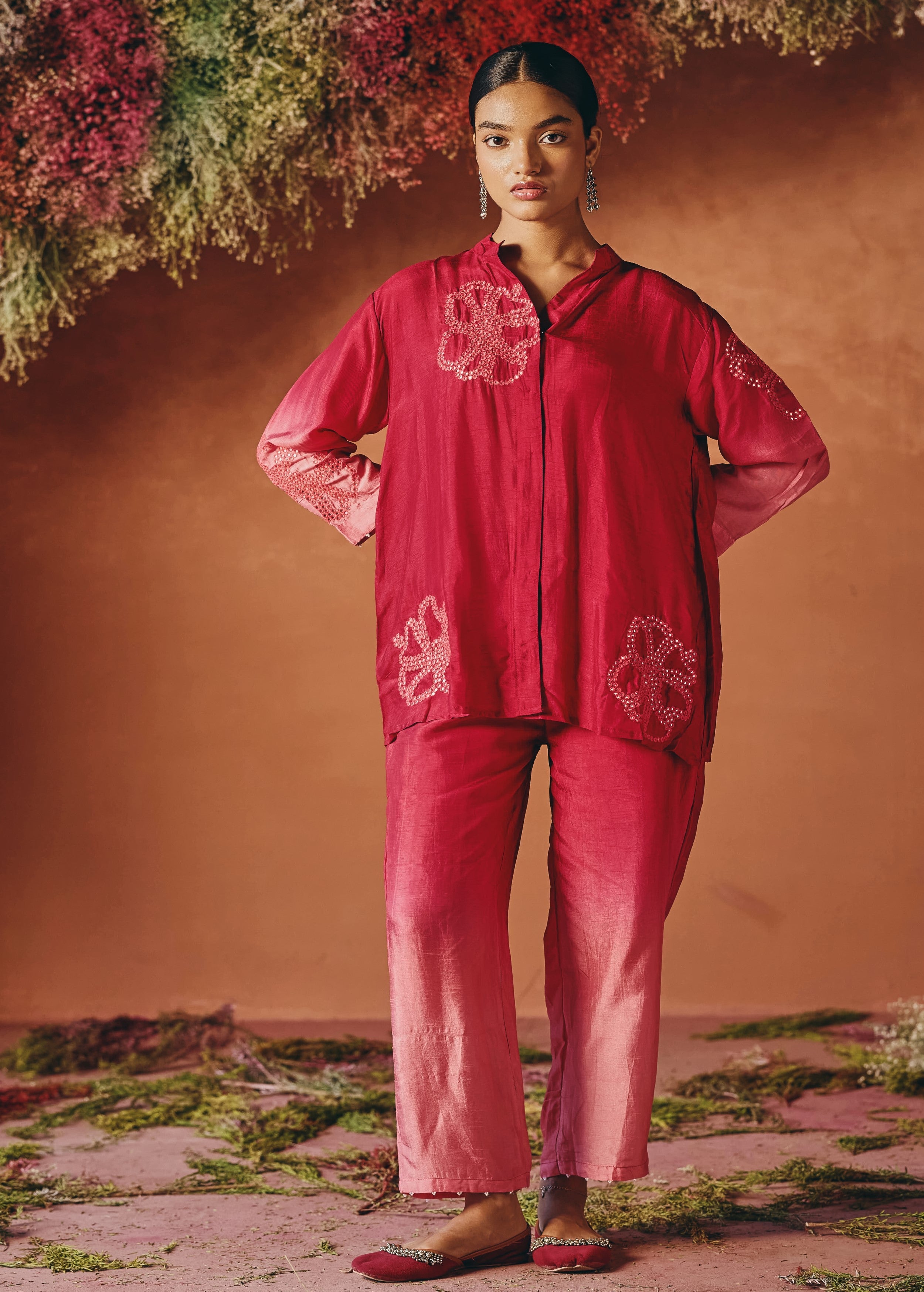 Berry Bloom Embellished Raw Silk Co-Ord Set