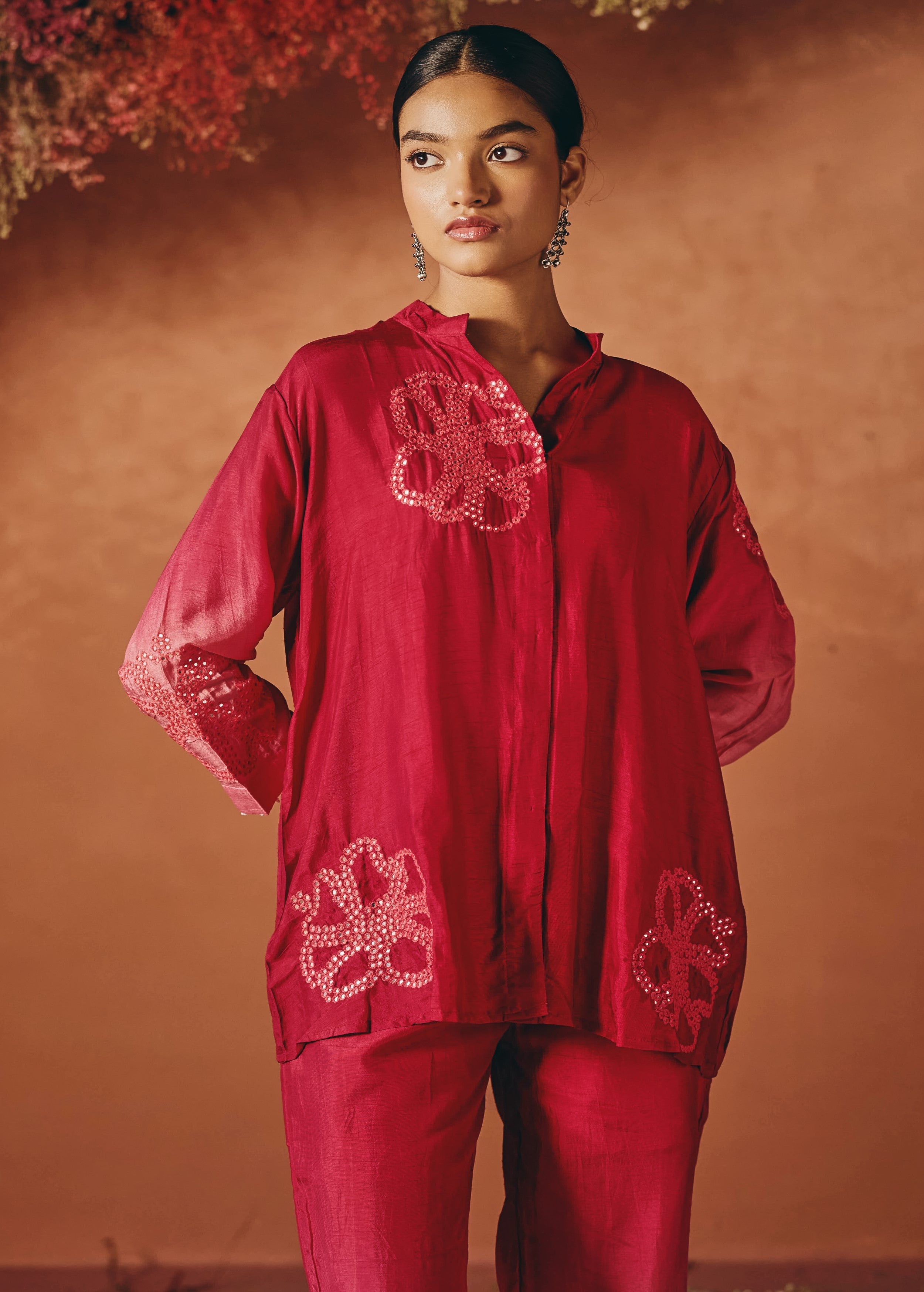 Berry Bloom Embellished Raw Silk Co-Ord Set