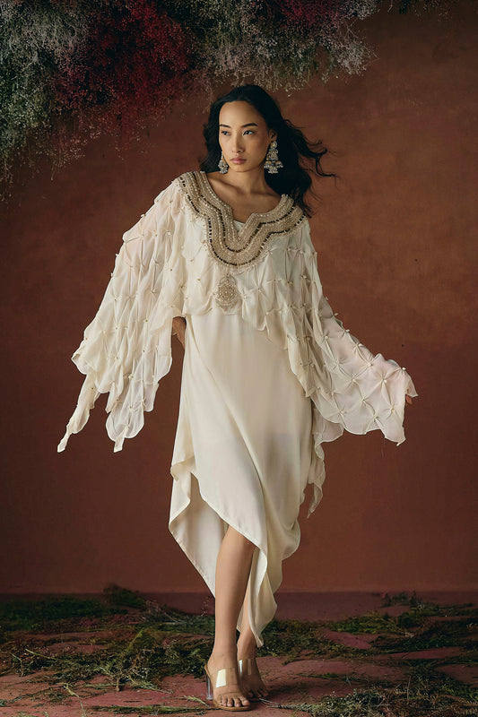 Warm Ivory Embellished Georgette Silk Dress