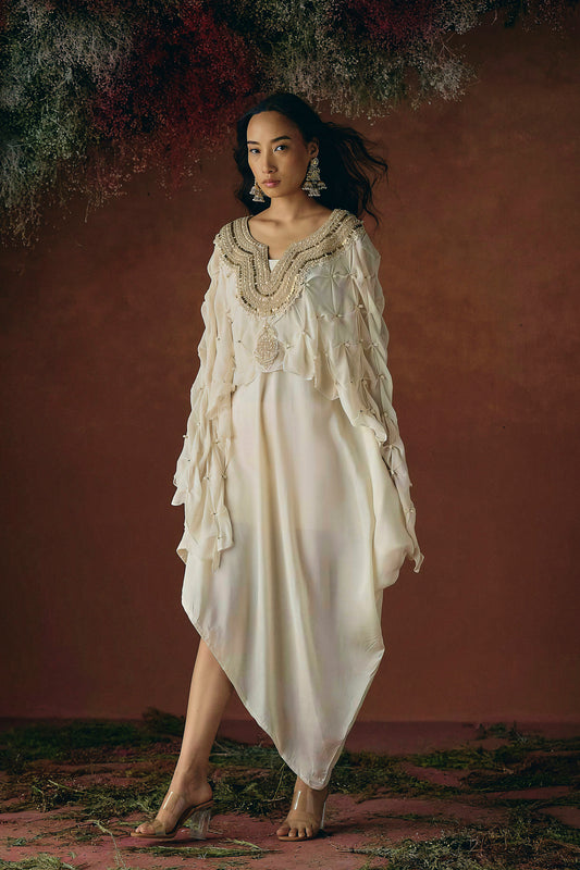 Warm Ivory Embellished Georgette Silk Dress
